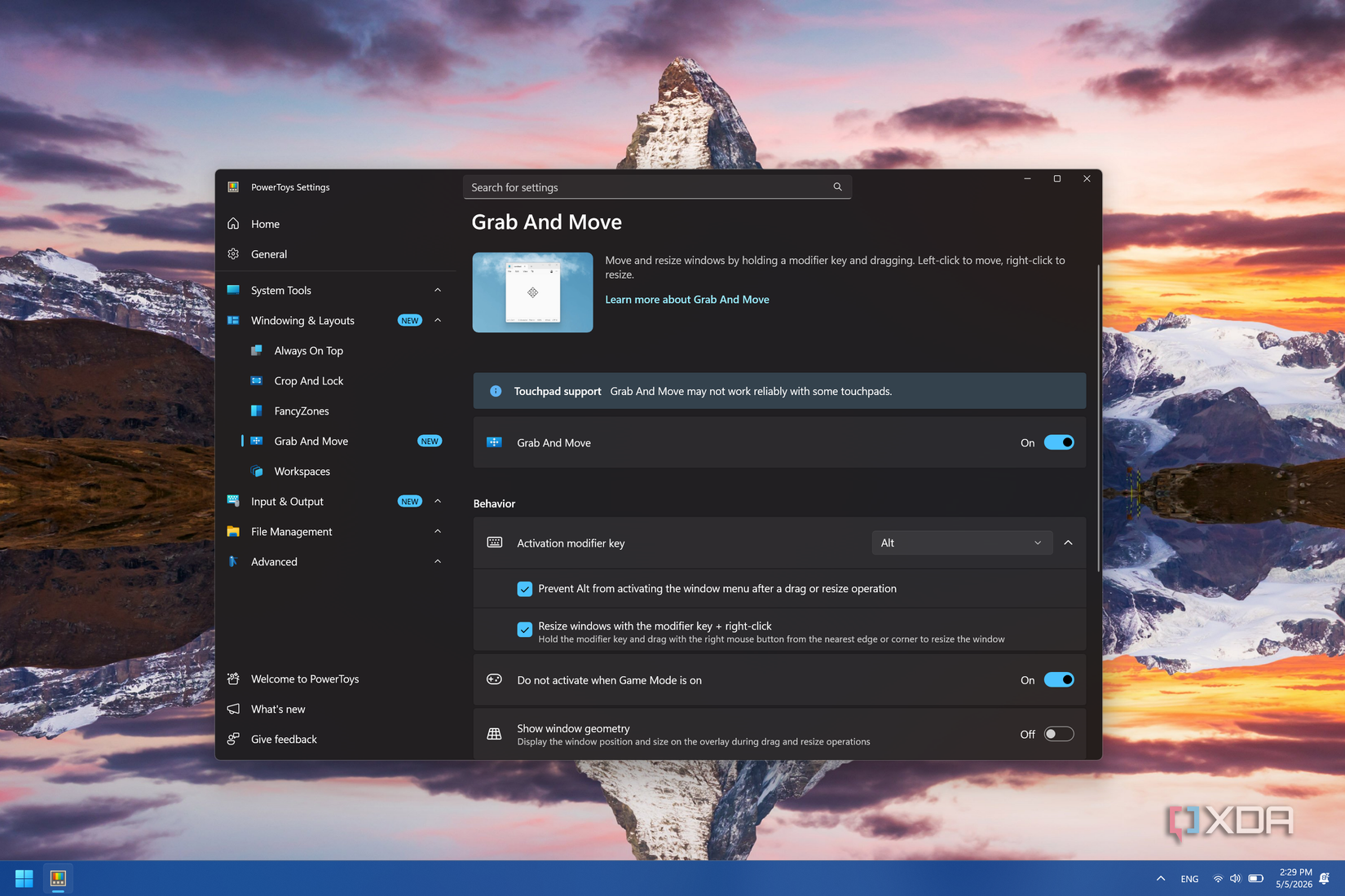 Screenshot of the PowerToys settings window for Grab and Move