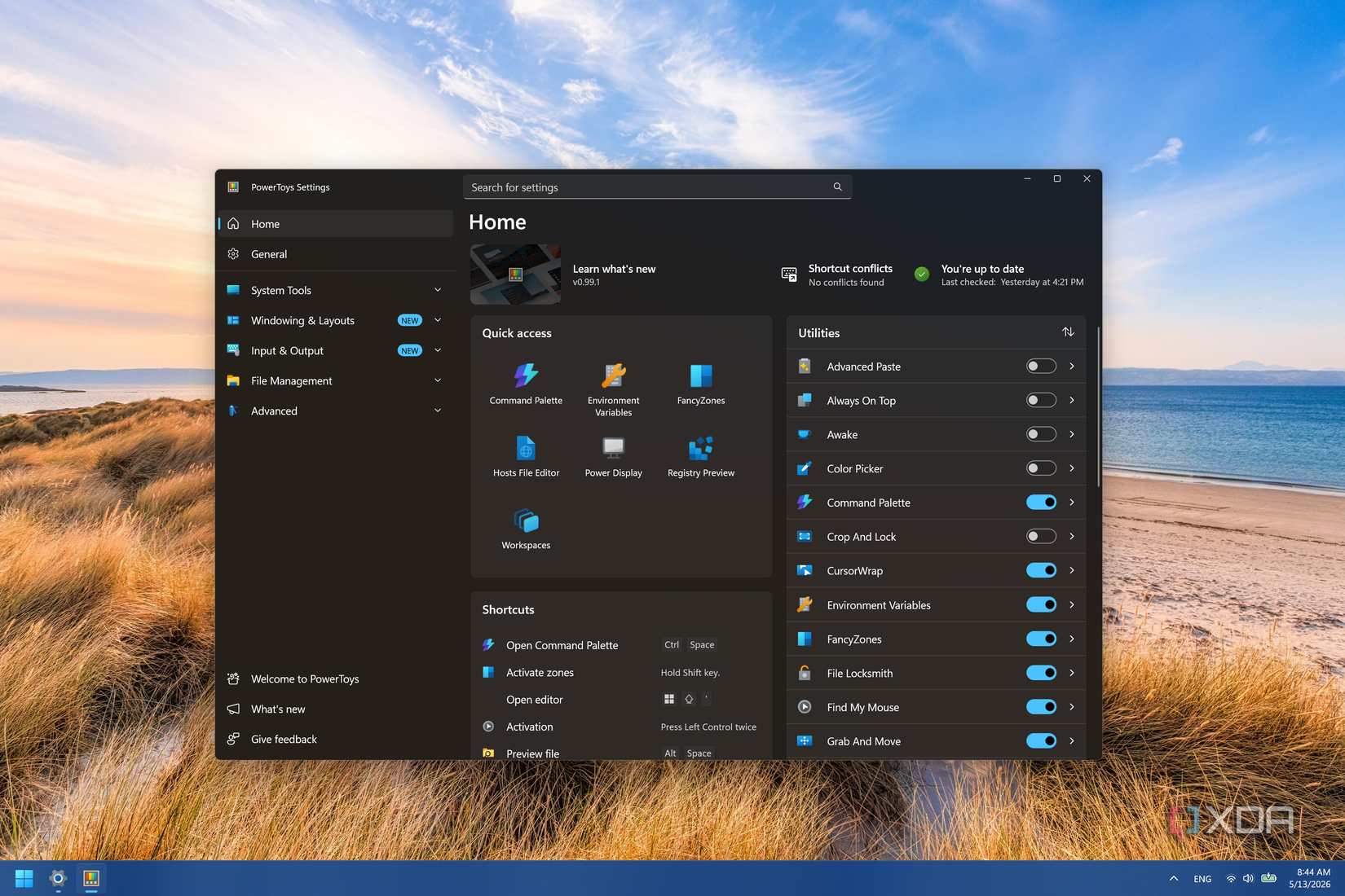 Screenshot of PowerToys Home on a Windows 11 desktop
