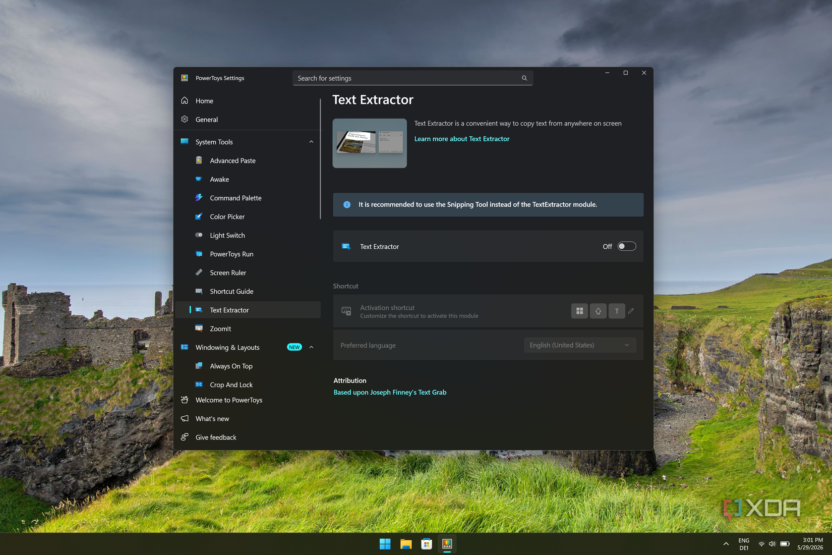 Screenshot of PowerToys showing information about the Text Extreactor tool