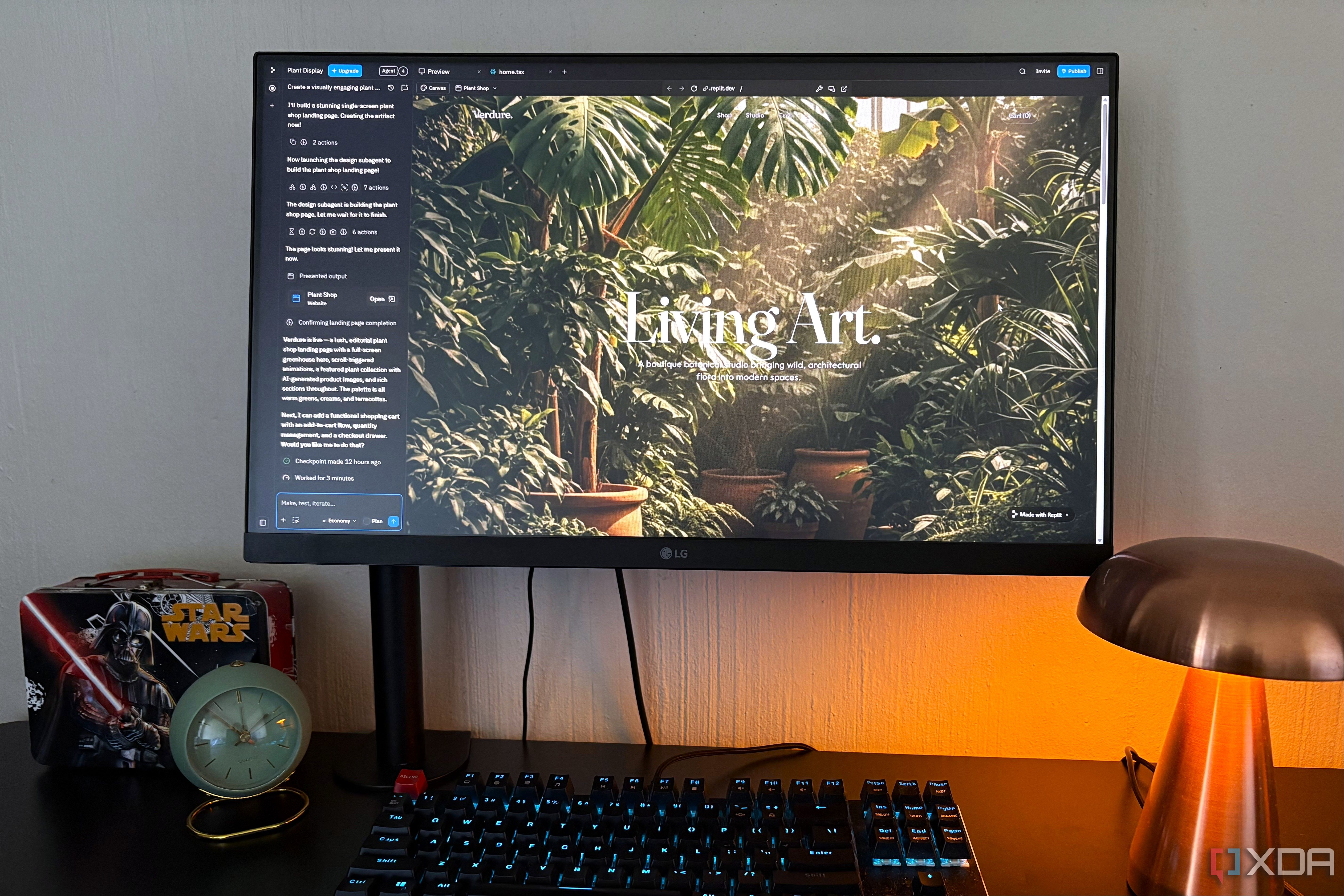 replit design mode on desktop pc, clock and lamp in view