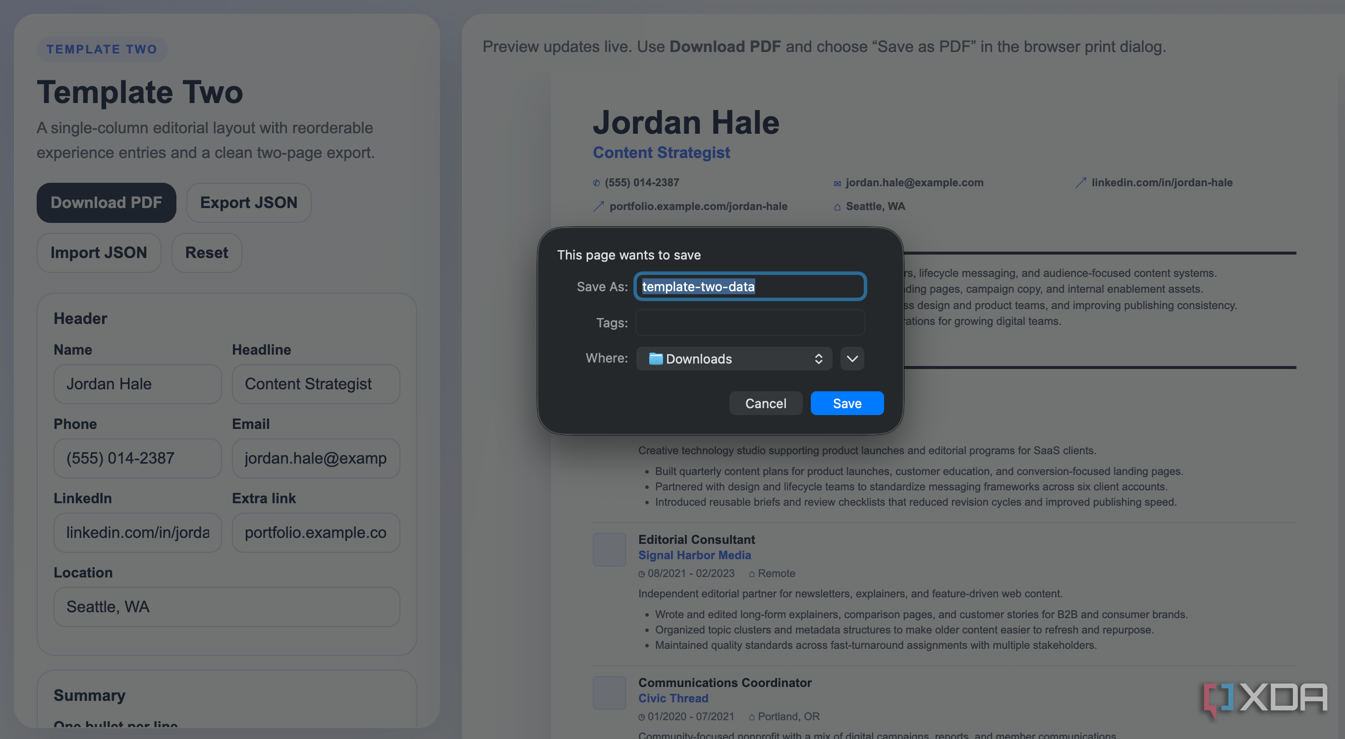 pdf export of the site