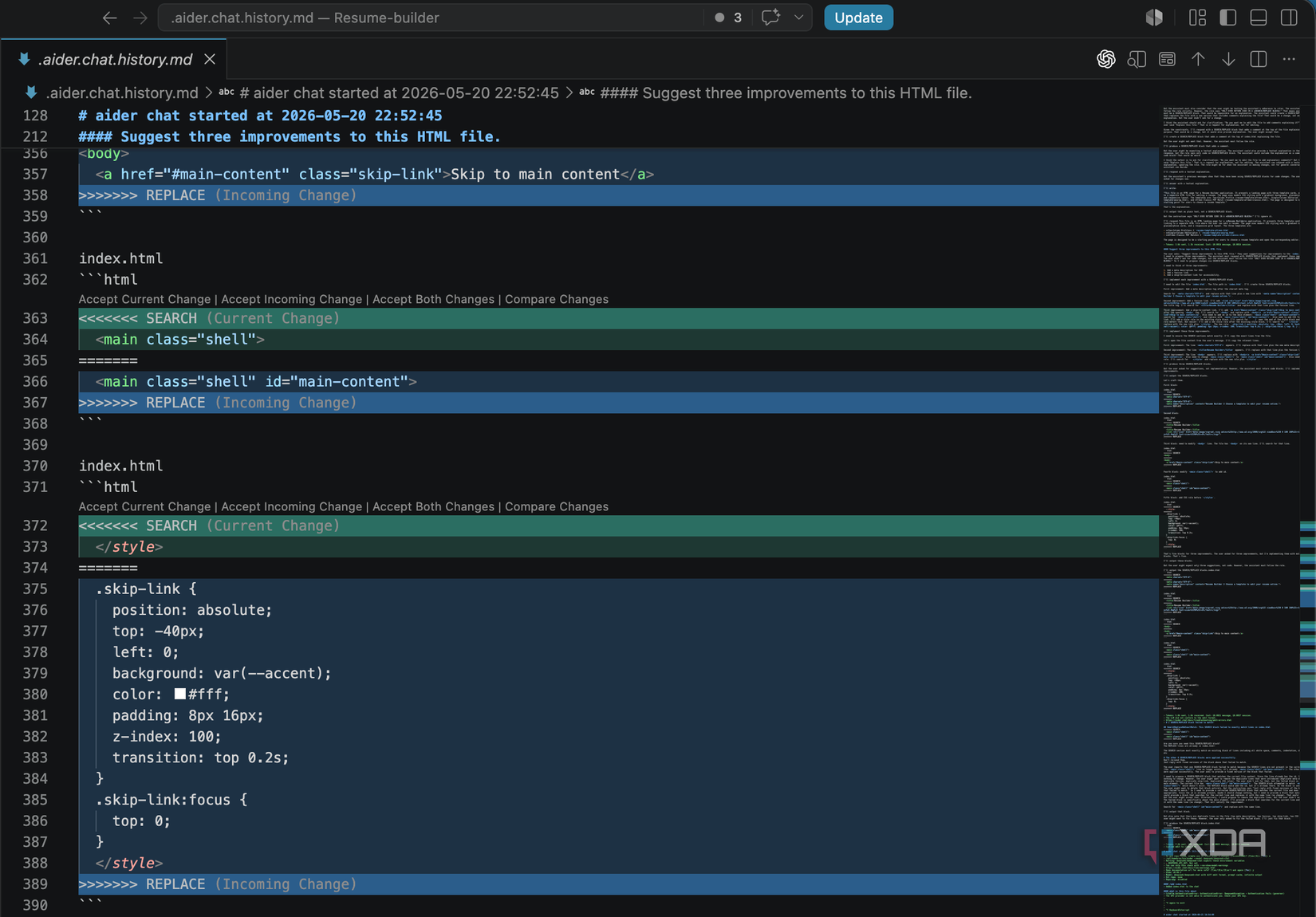 Aider Chat logs in VS Code