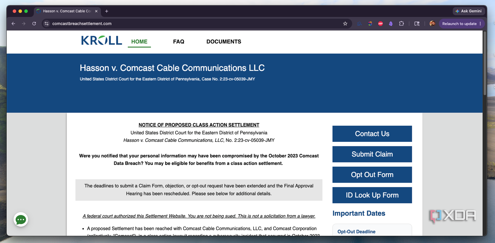 A screenshot of a settlement surrounding a Comcast data leak