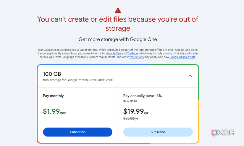 A screenshot of Google's paid storage options
