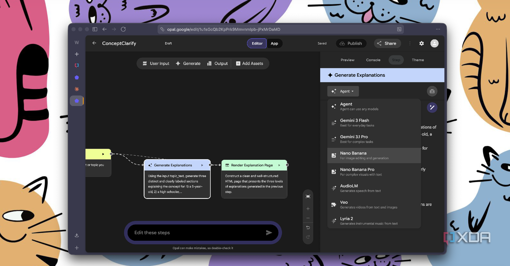 screenshot of design tool interface showing content clarity workspace with generation explanations panel and various font options displayed on dark background with colorful illustrated characters around edges