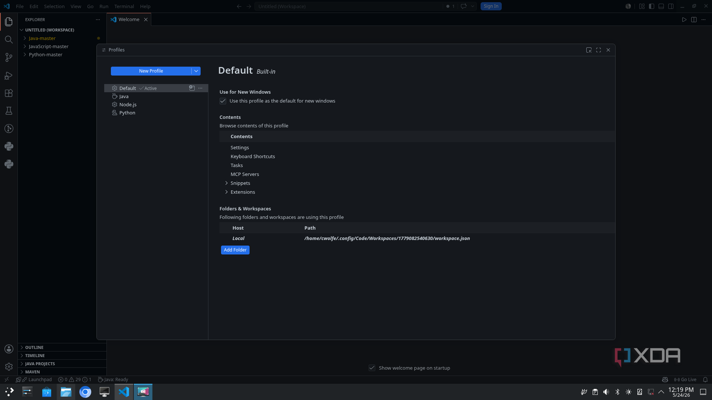 Настройка параметров профиля Выбор параметров нового профиля в VS Code
