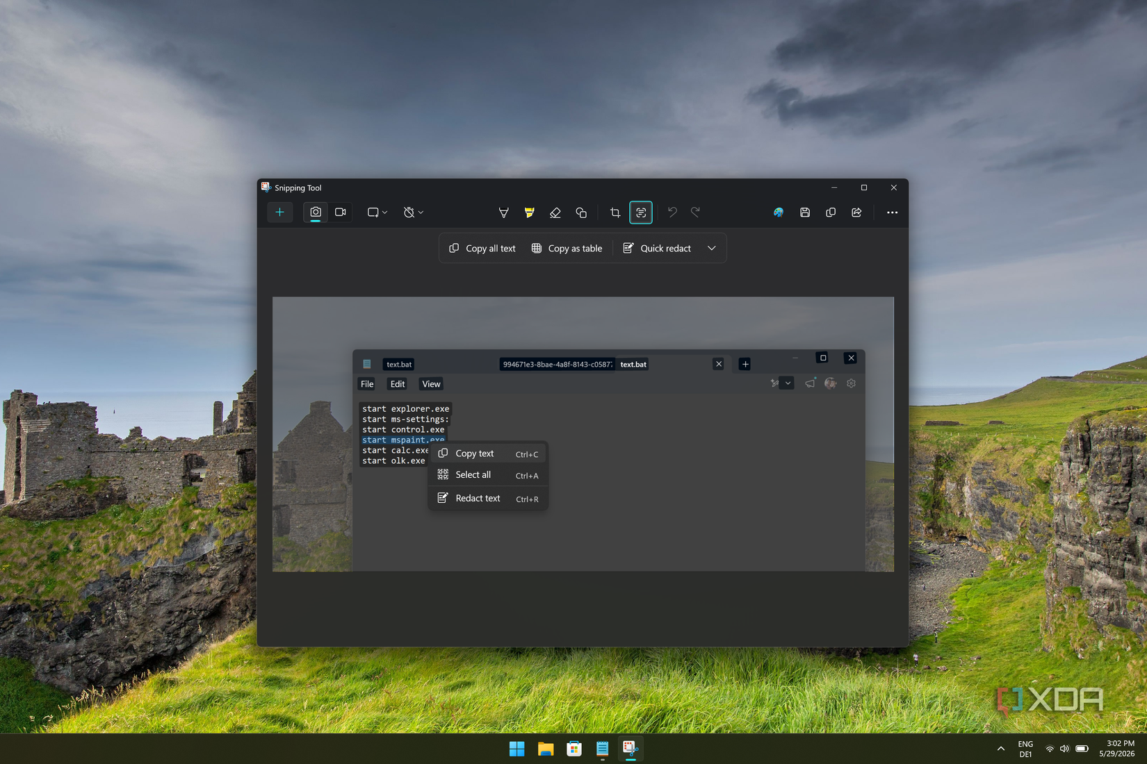 Screenshot of Snipping Tool showing a text selection tool after recognizing text in a screenshot