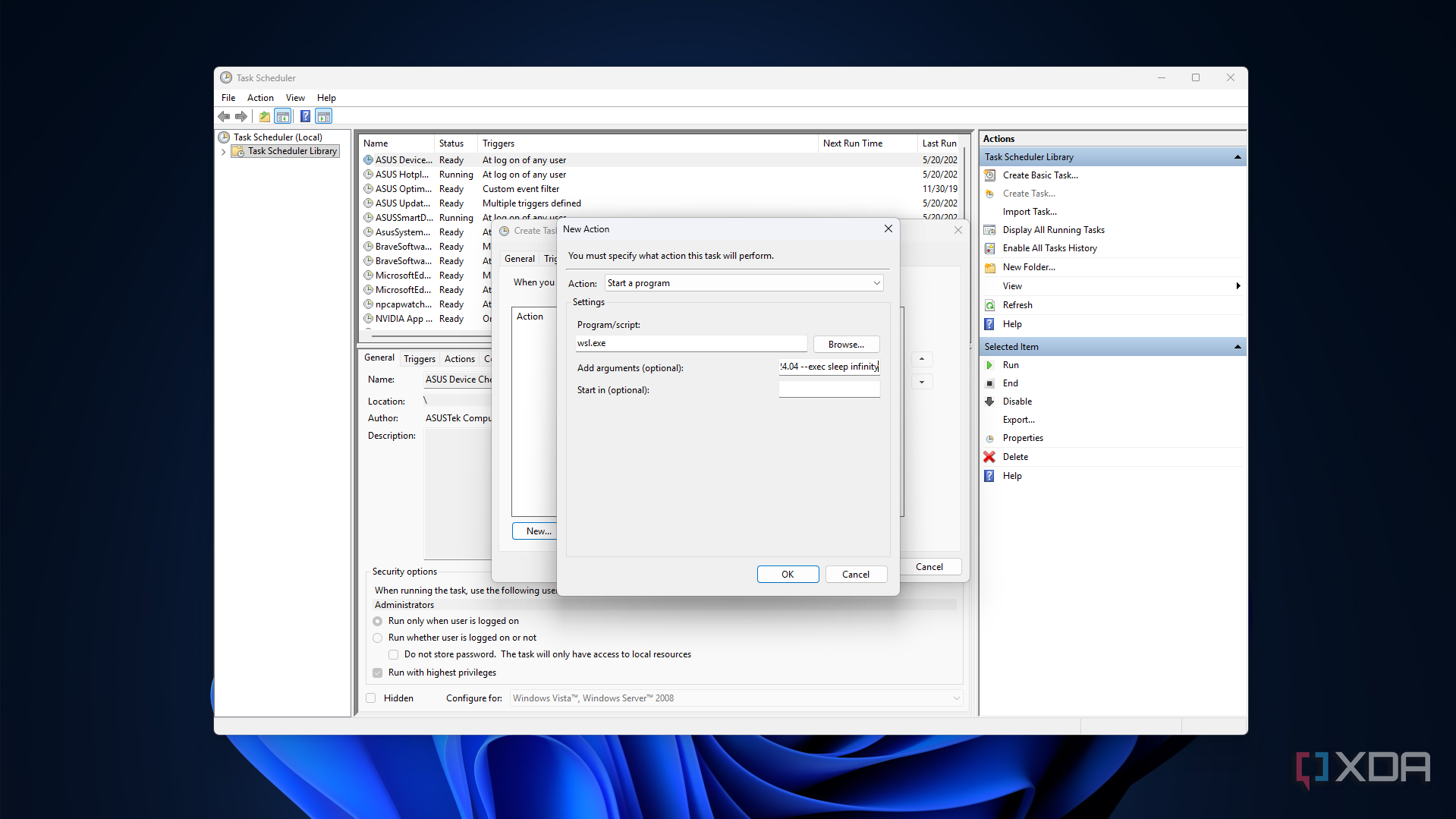 Setting an action in Windows Task Scheduler