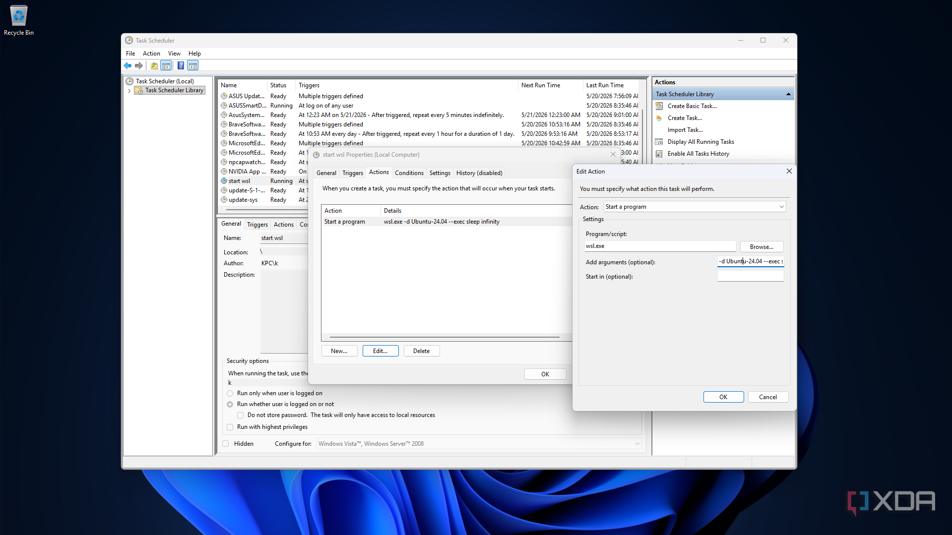 A screenshot showing Task Scheduler and a configured task on Windows 11