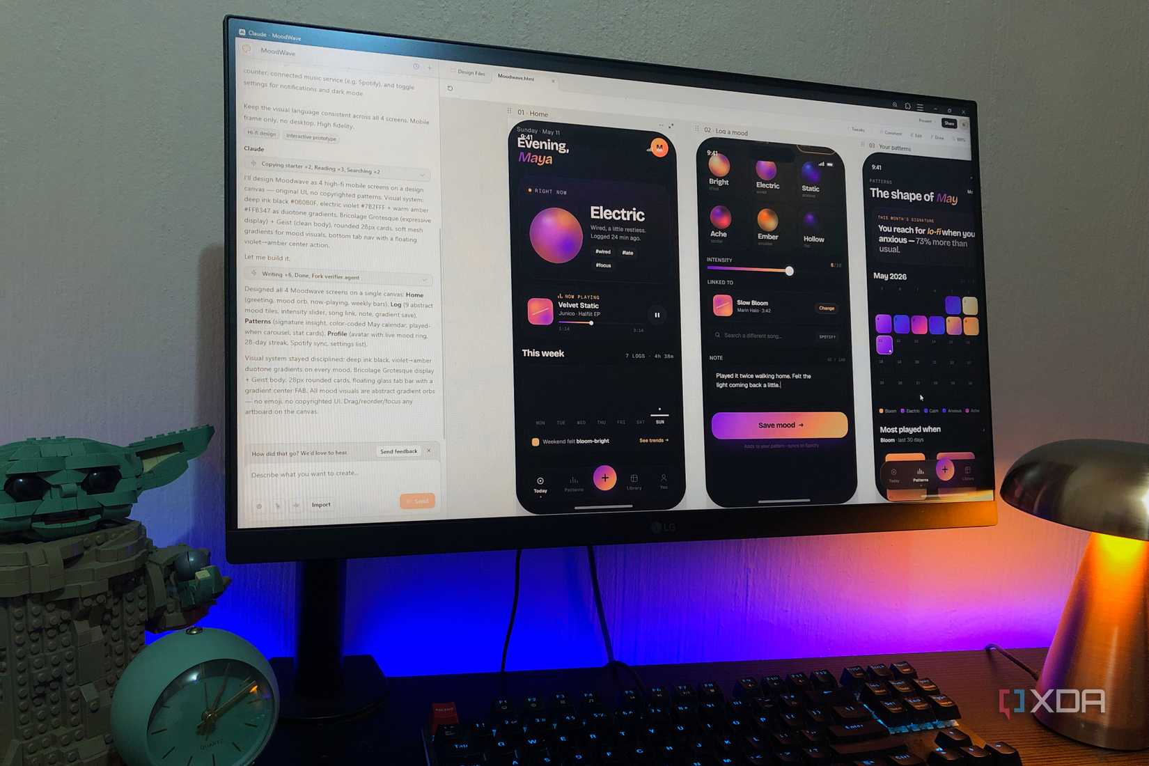 vibe coding app on claude design on desktop pc, lego and lamp in view