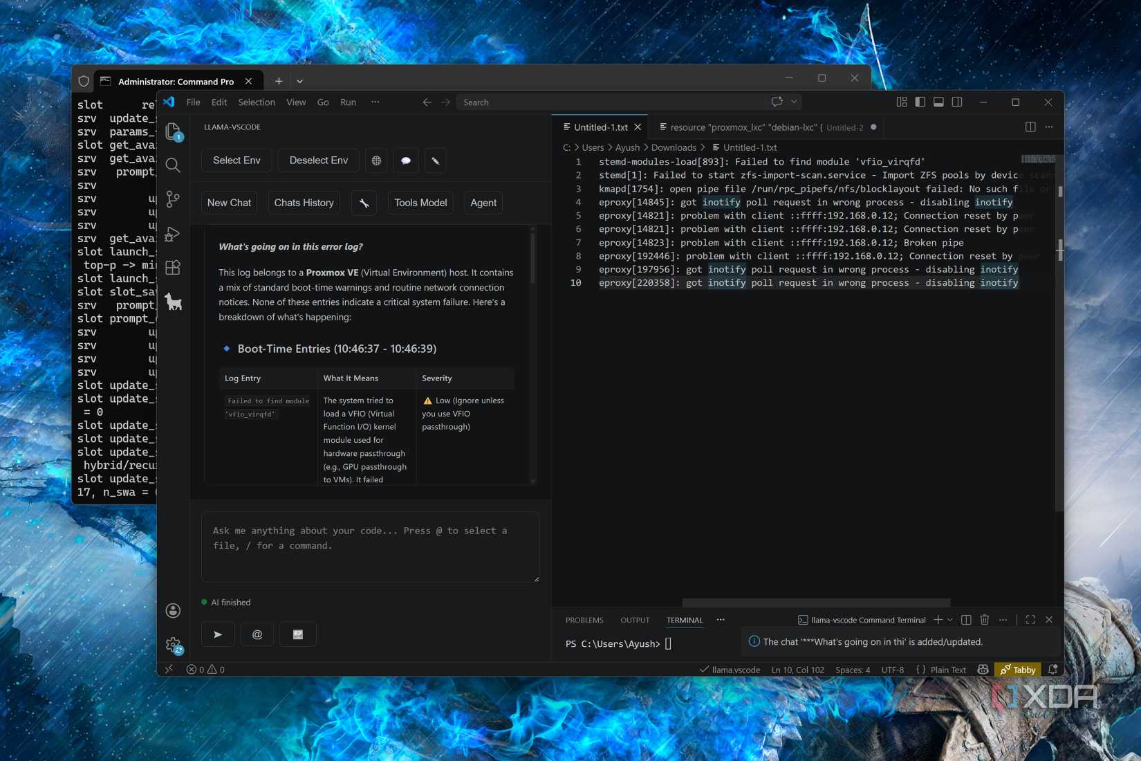 Querying llama-vscode about a terminal log