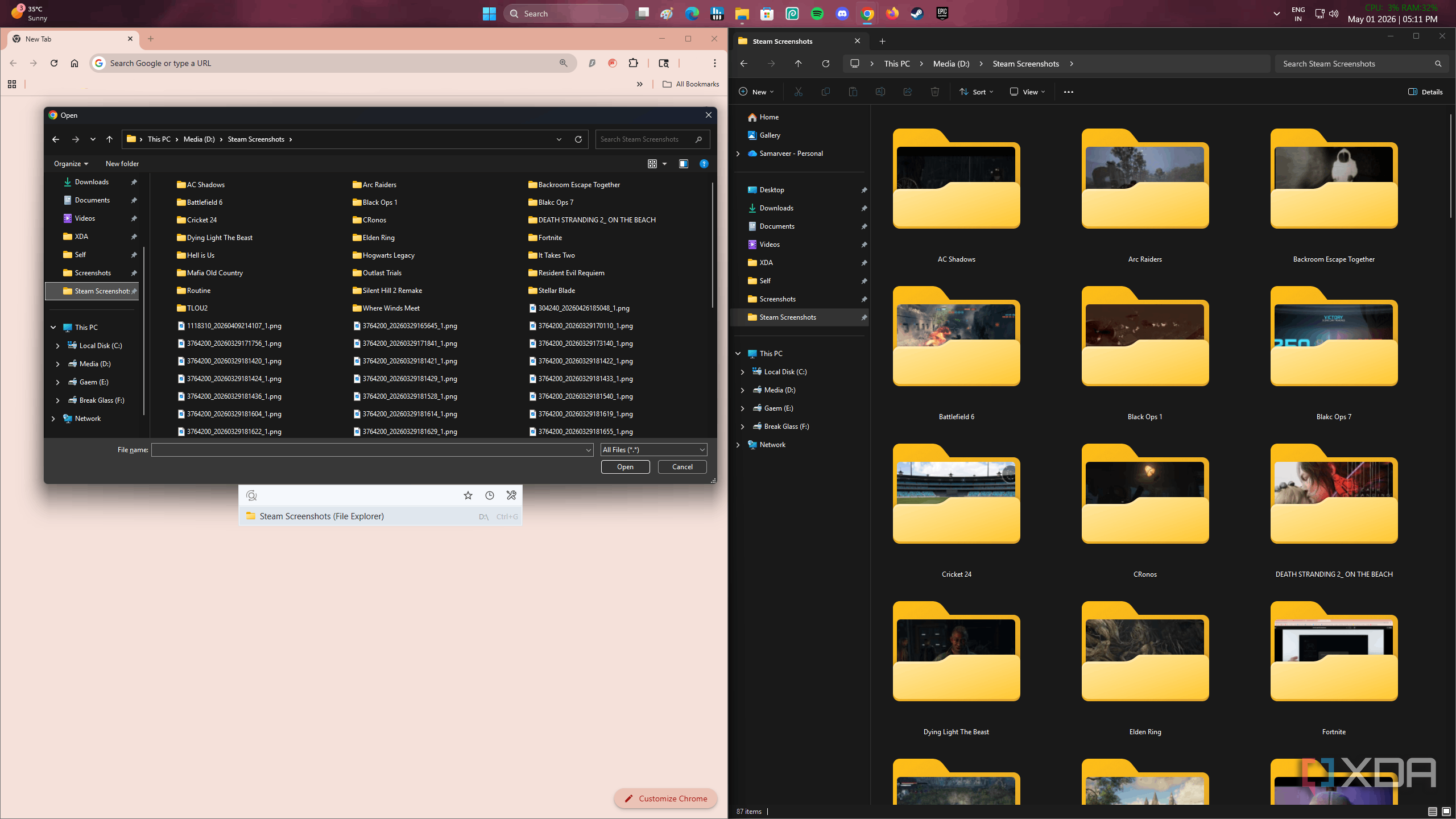View inconsistency of the same folder when opened via File Explorer and Google Chrome.