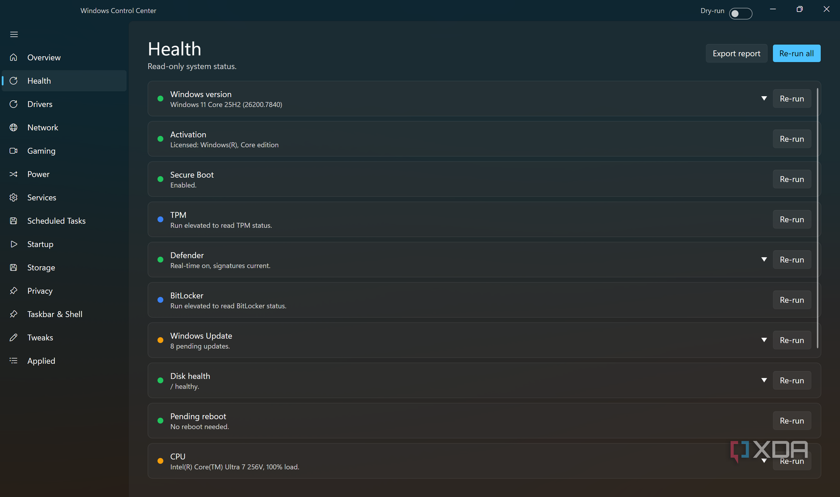 Windows Command Center health page