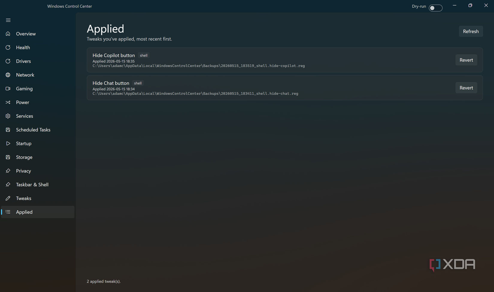 Windows Command Center showing applied tweaks