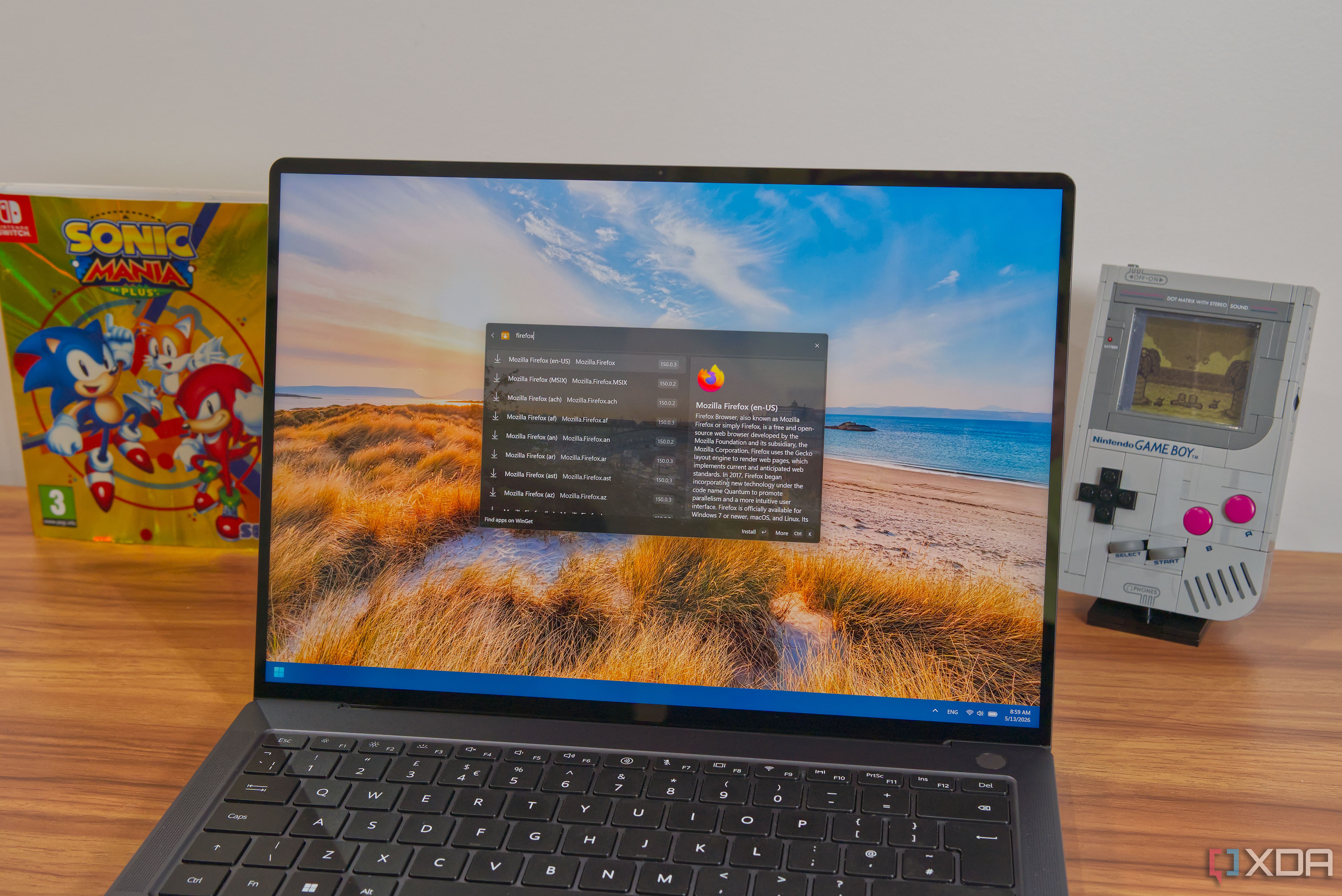 A Windows 11 laptop showing Command Palette with search results for Firefox in WinGet