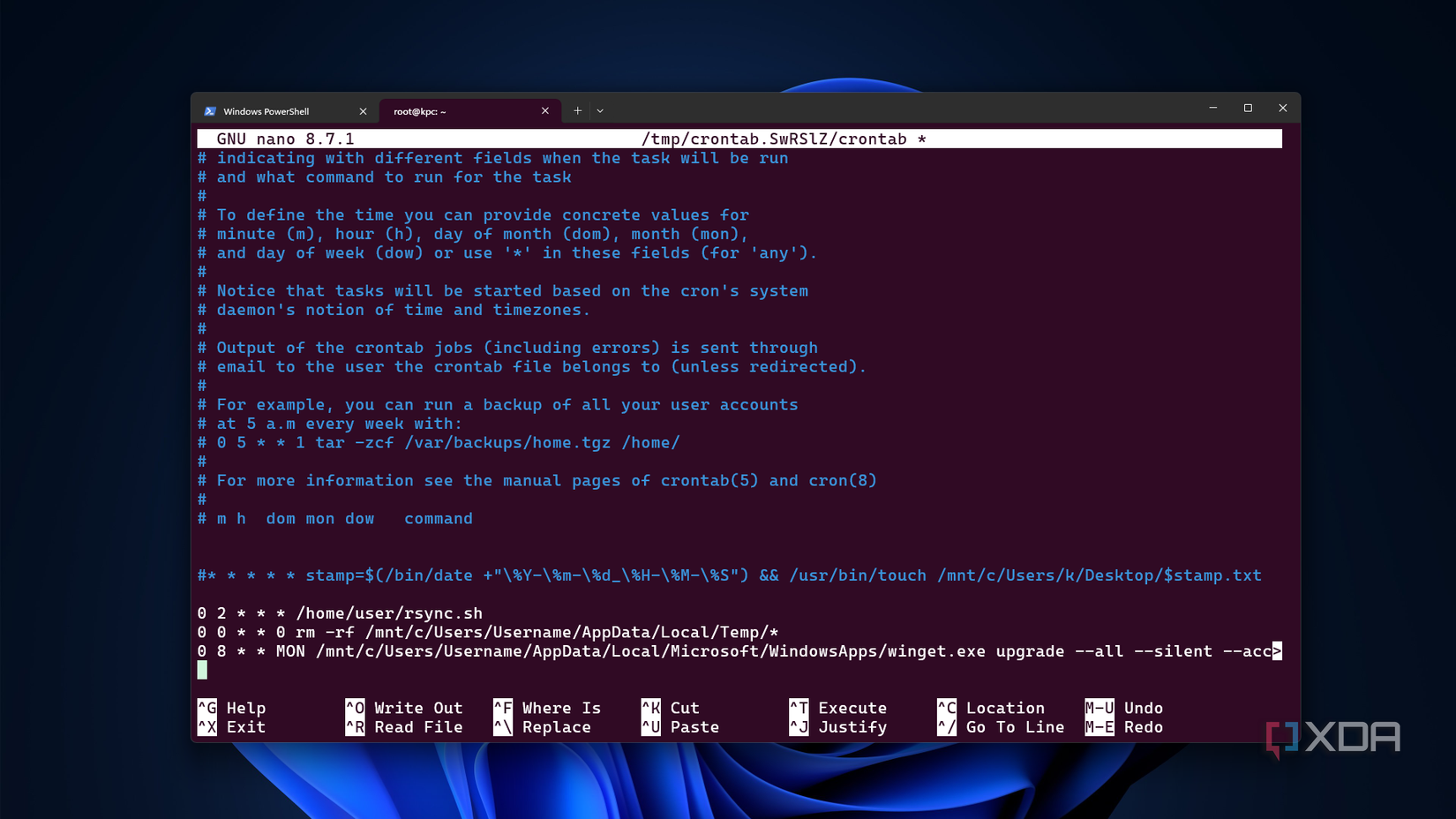 A screenshot showing WSL terminal open with crontab visible