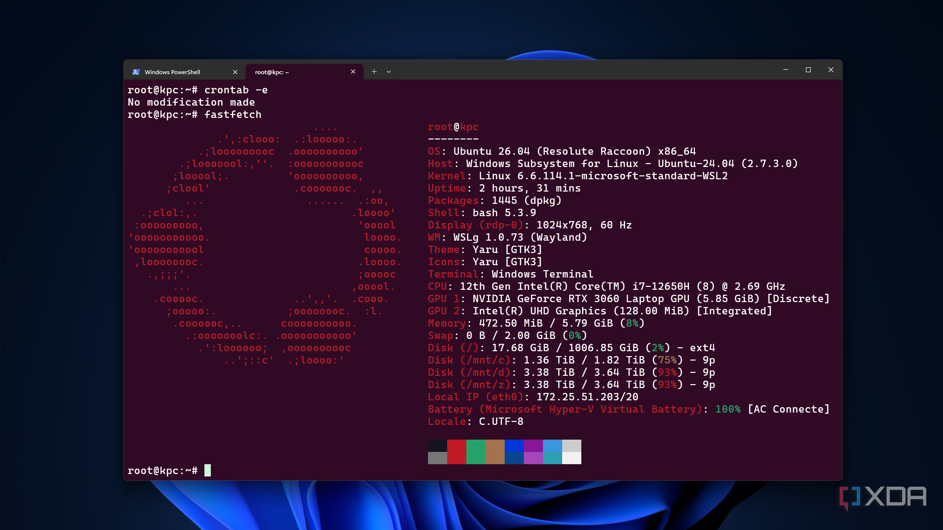A screenshot of WSL open in terminal with the Ubuntu logo and system specs visible