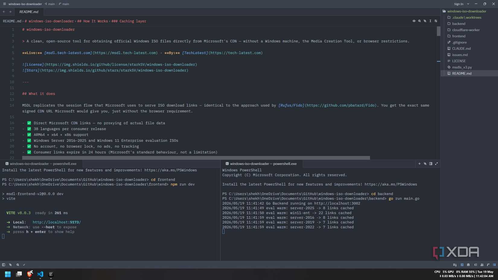 Zed editor showing horizontally split terminals with the React frontend running on the left and Go backend logs on the right in the windows-iso-downloader workspace