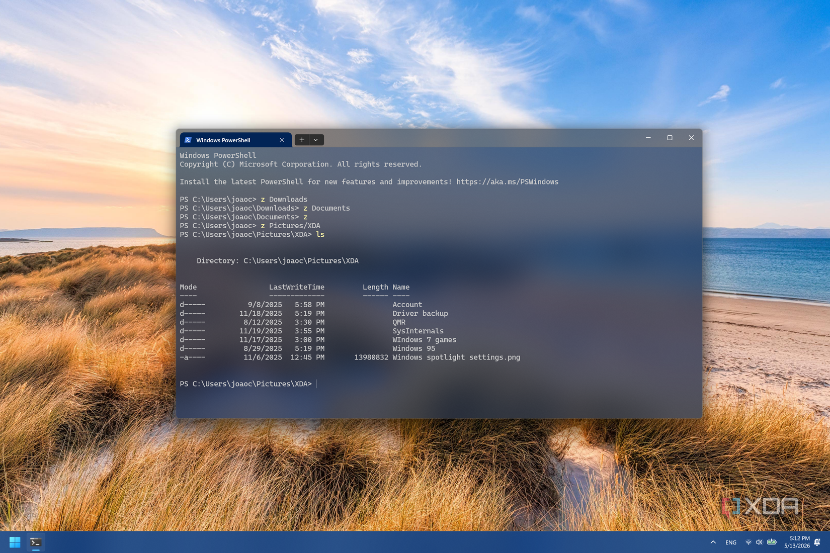 Screenshot of Windows Terminal showing Zoxide commands for browsing folders