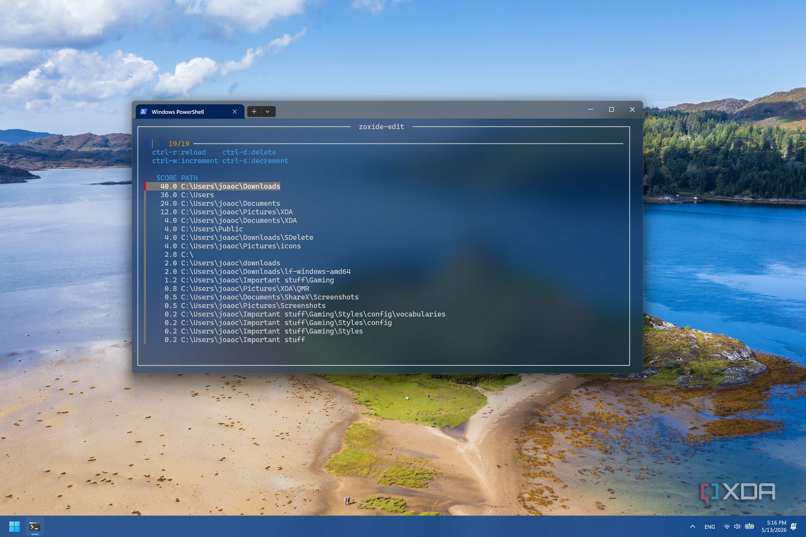 Screenshot of Windows Terminal showing the list of folders indexed by Zoxide