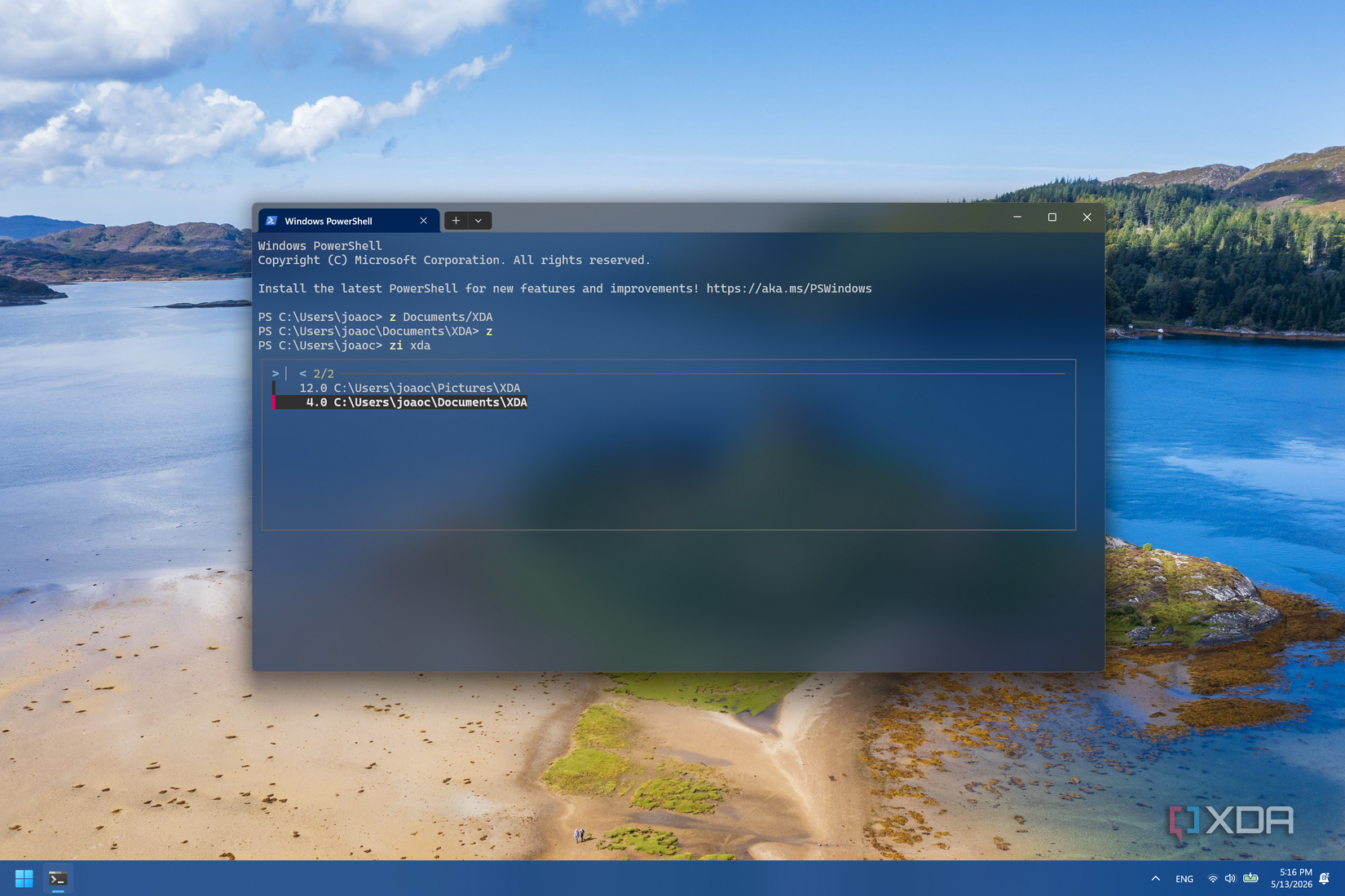 A Windows Terminal screenshot showing the zi command from Zoxide with a list of options for folders of the same name
