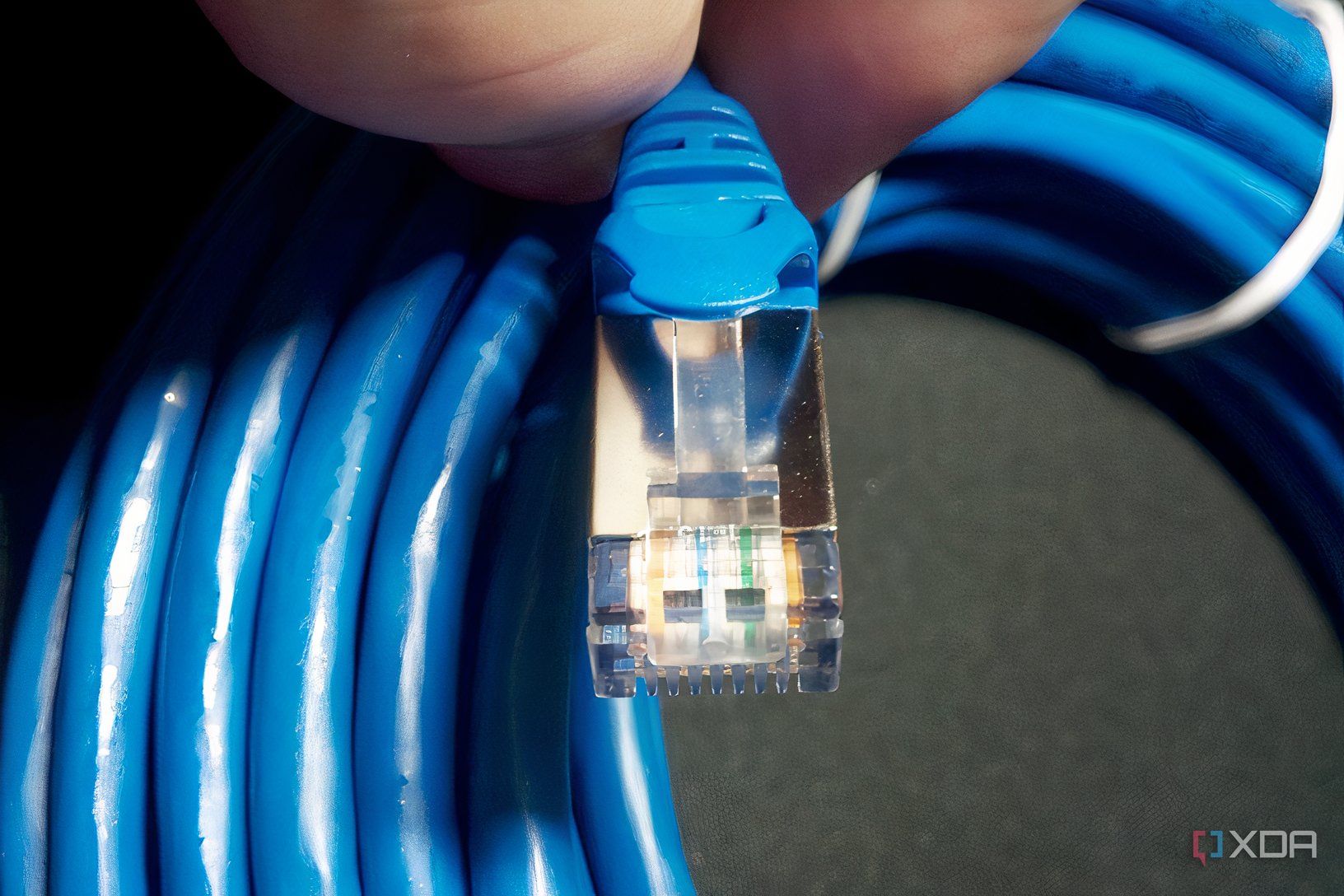 A hand holding a blue Cat 6 network cable connector
