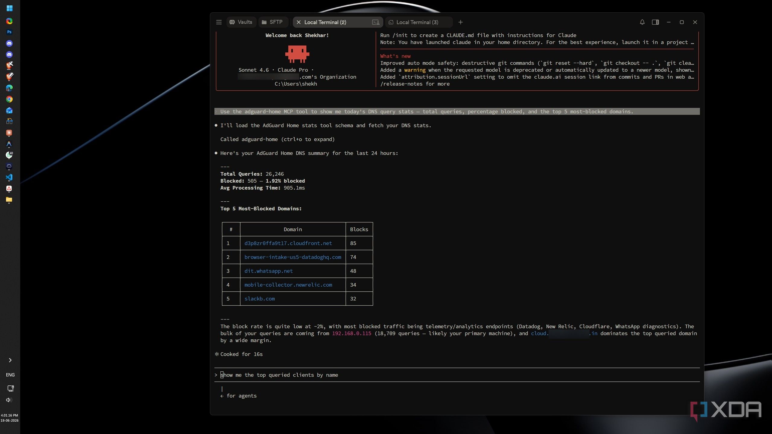 AdGuard Home MCP server showing DNS query totals, block percentage, and top blocked domains