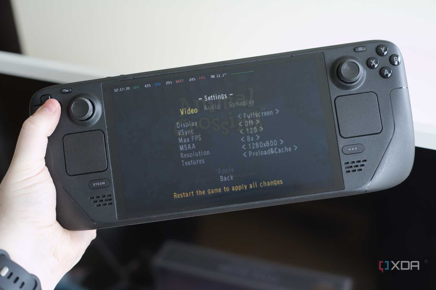 Animal Crossing decomp running on the Steam Deck, showing settings
