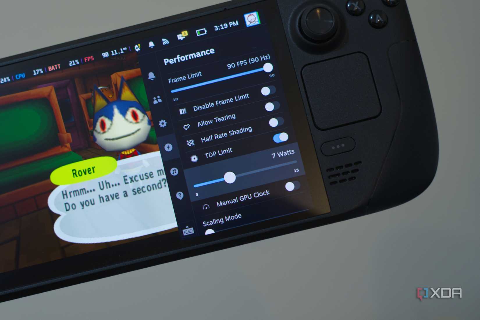 TDP controls on the Steam Deck while playing Animal Crossing