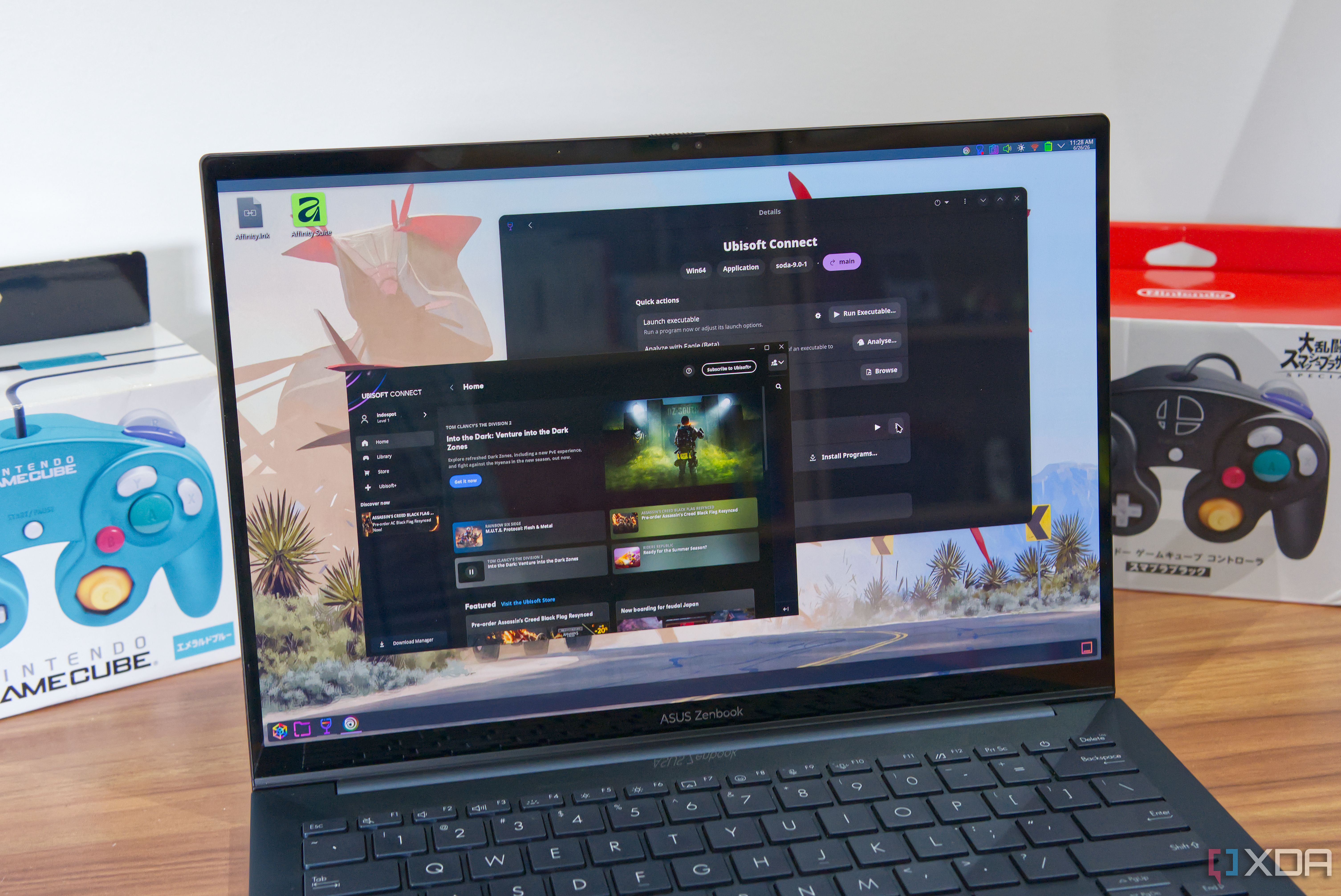 A Linux laptop displaying the maiun Bottles window and the Ubisoft Connect launcher