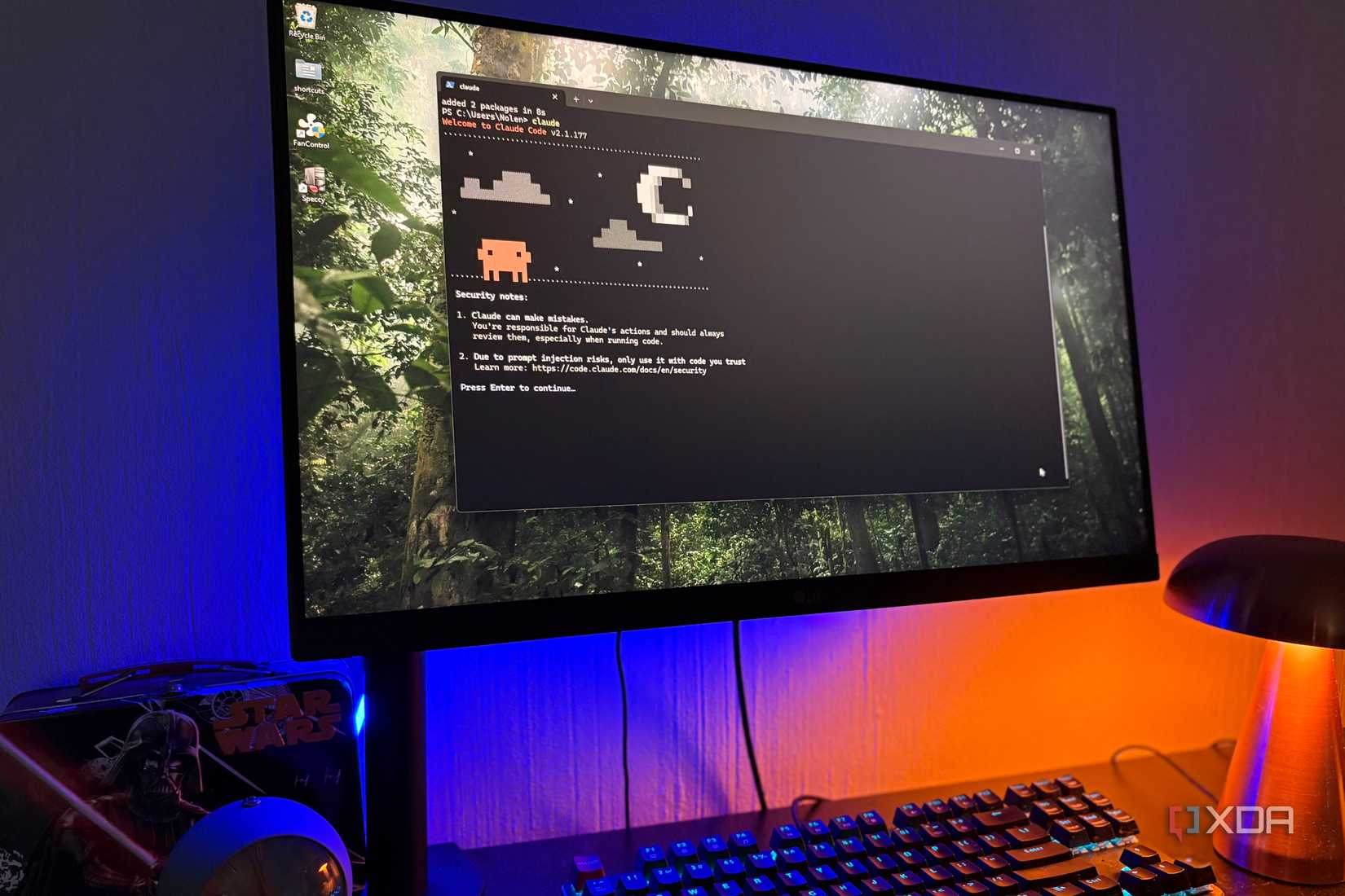 claude code on desktop pc, lamp in view