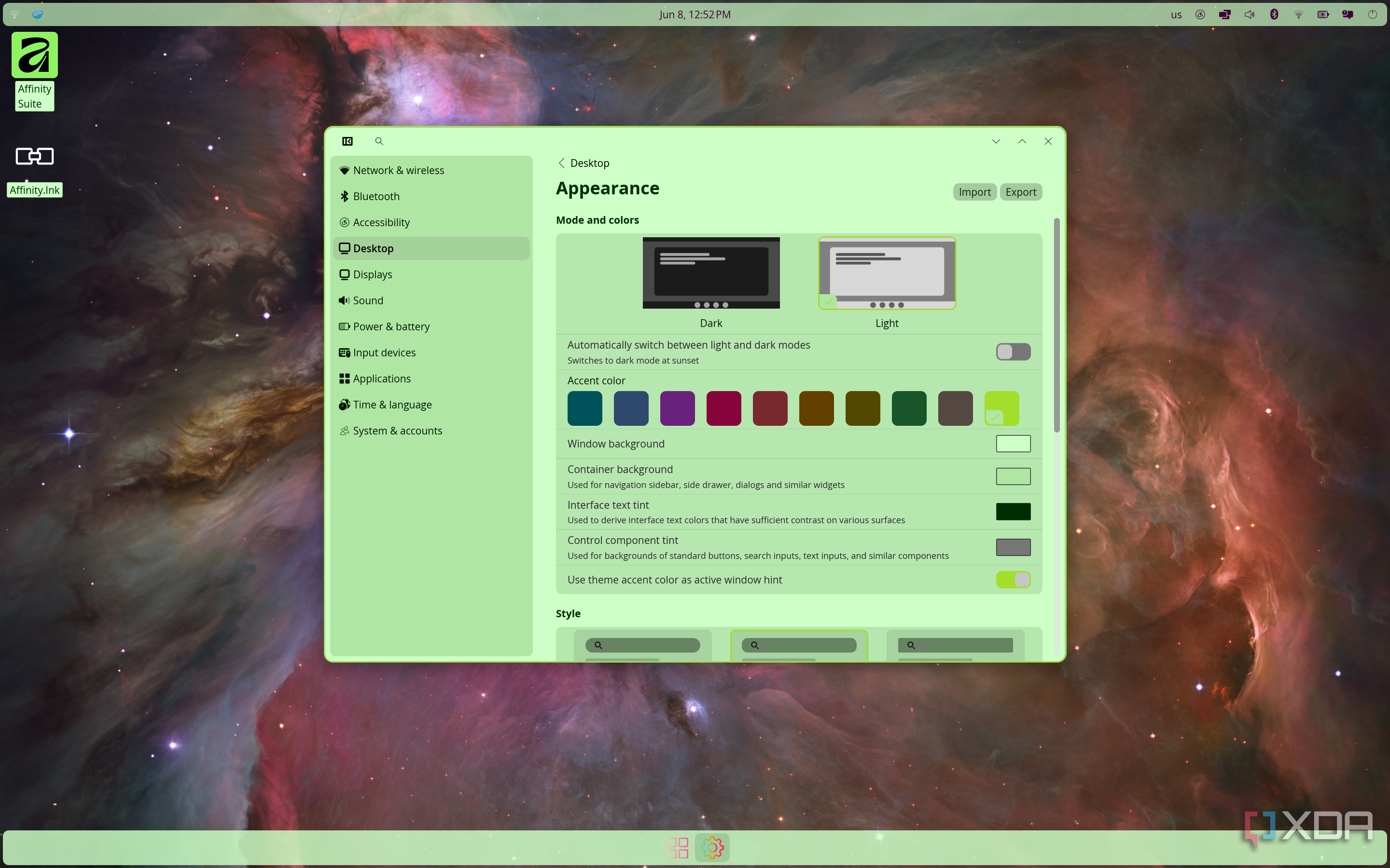 Screenshot of COSMIC Settings showing theme customization options