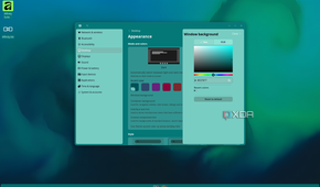 Screenshot of the COSMIC desktop using a marine blue theme and nshowing customization options