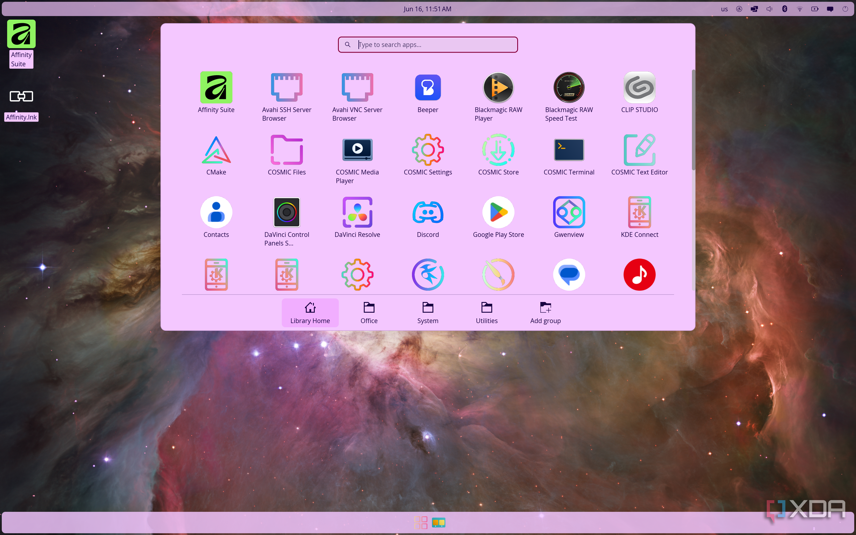 Screenshot of the standard launcher in COSMIC using a pink theme
