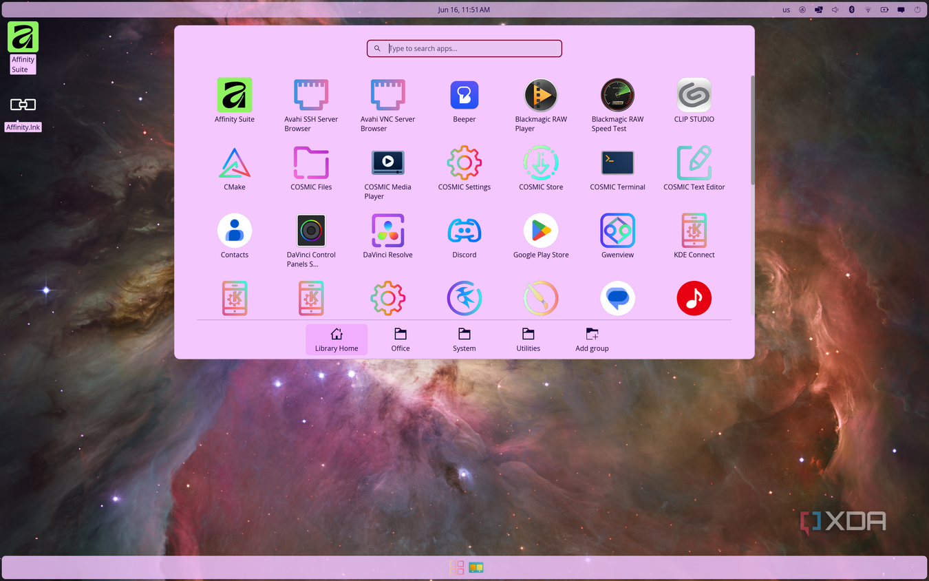 Screenshot of the standard launcher in COSMIC using a pink theme