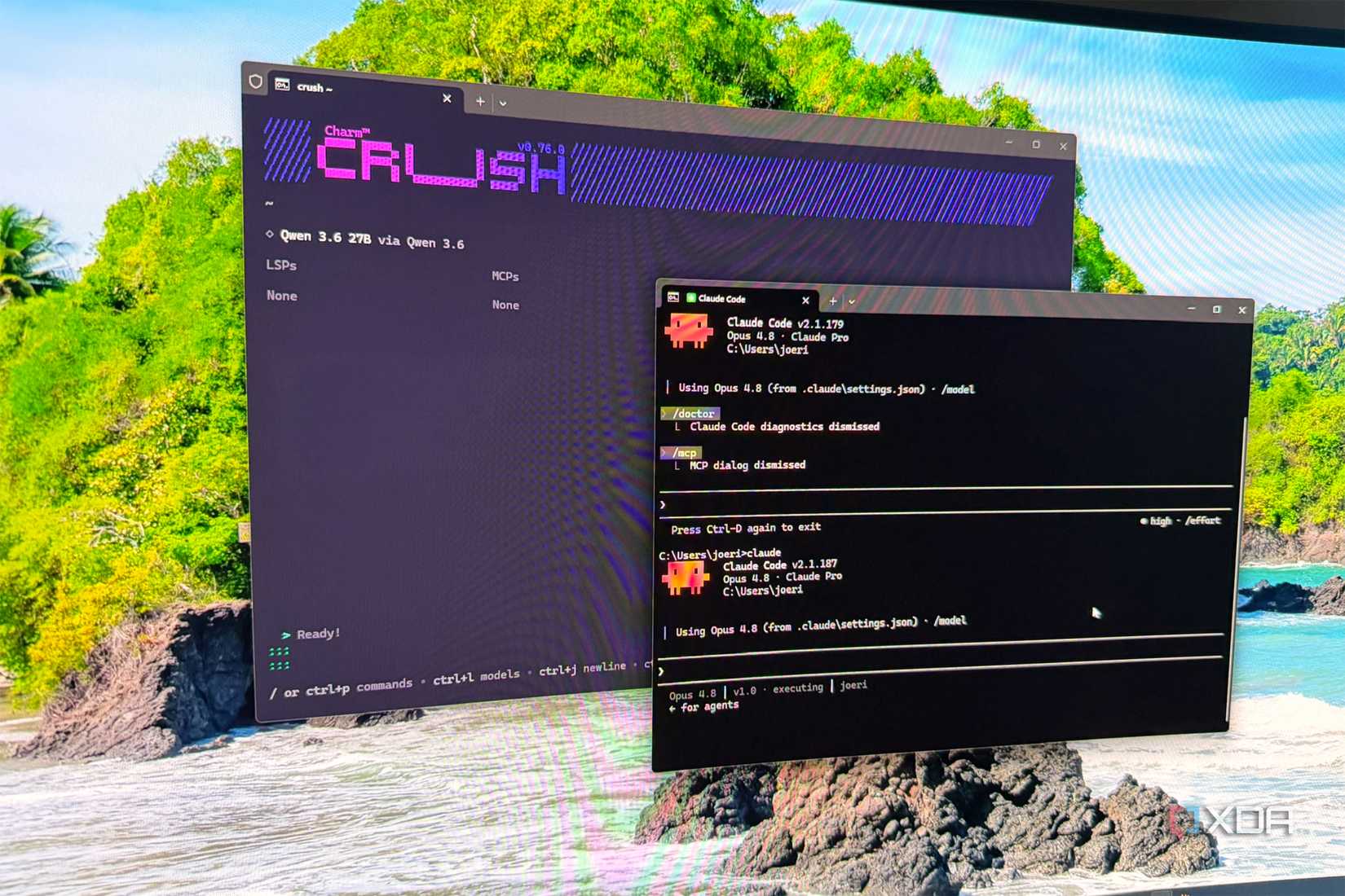 crush using qwen 3.6 and claude code using opus in two terminal windows
