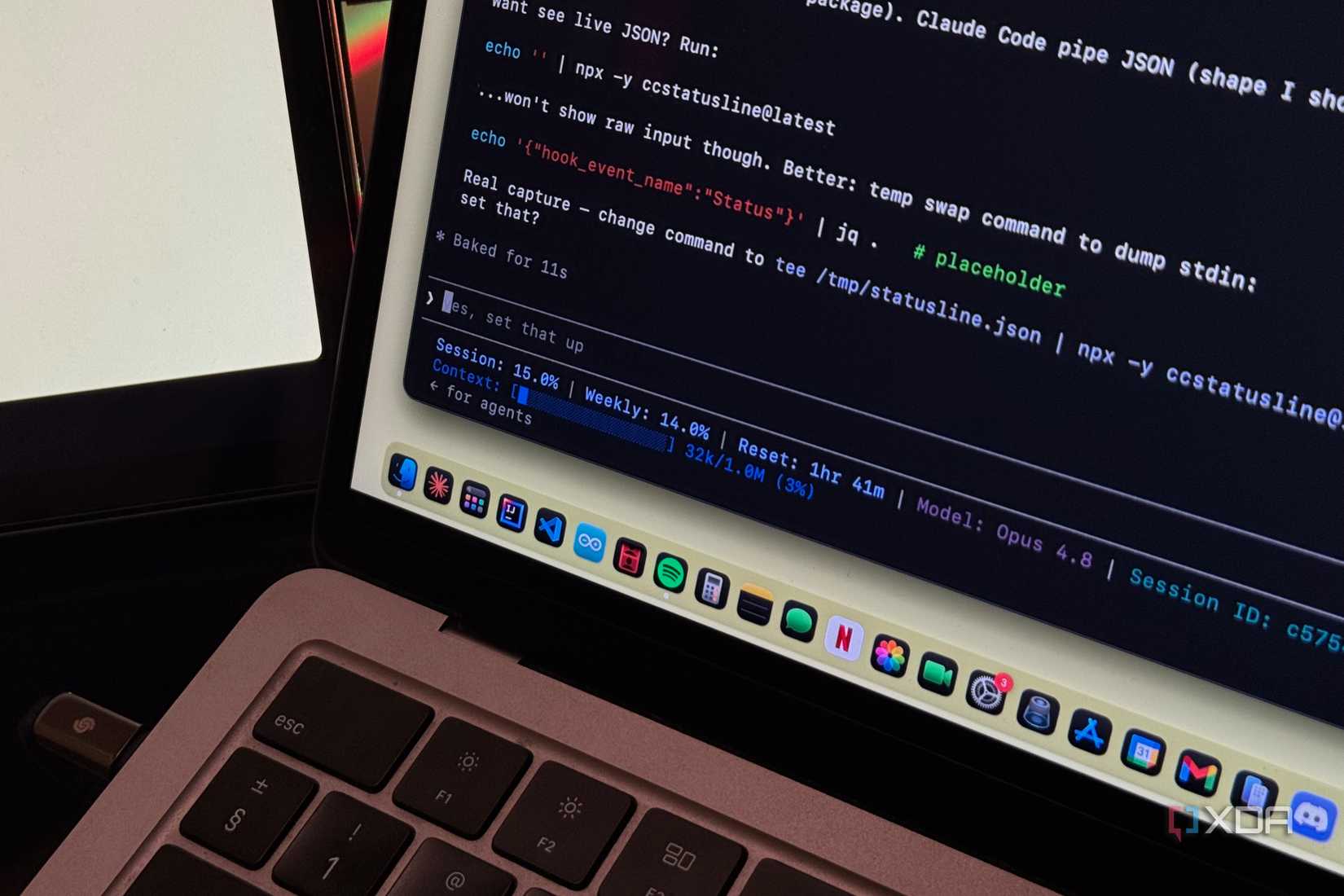Developer coding on a laptop with a terminal window showing json and npm commands
