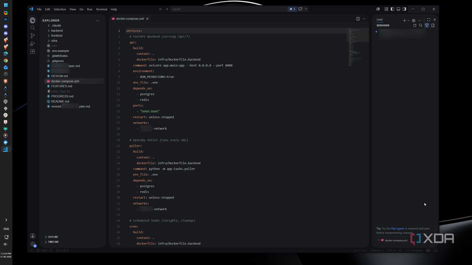A docker-compose.yml file opened in VS Code that defines multiple interconnected services