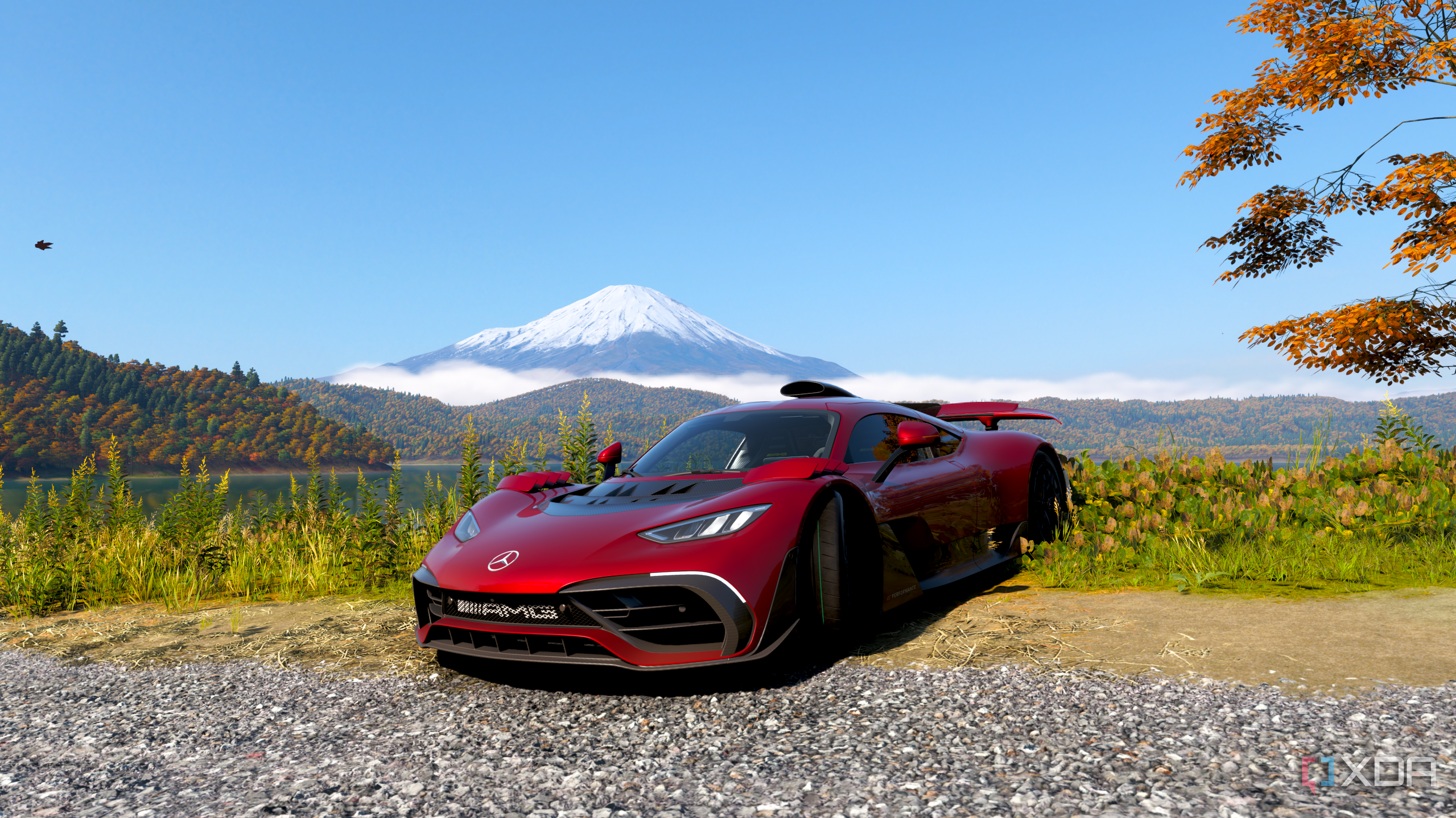 A Mercedes AMG One overlooking Mount Fujiyama in Forza Horizon 6.