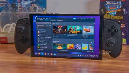 Bazzite-powered gaming handheld showing Steam on desktop