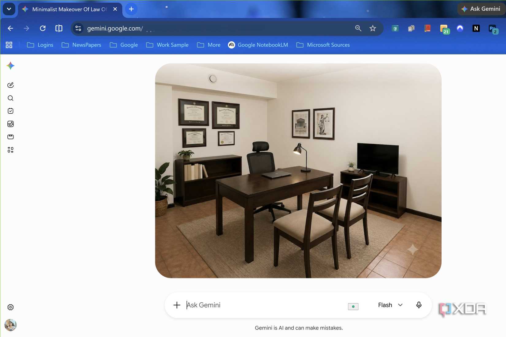 An image of lawyer office with a desk and two chairs with diplomas on the wall