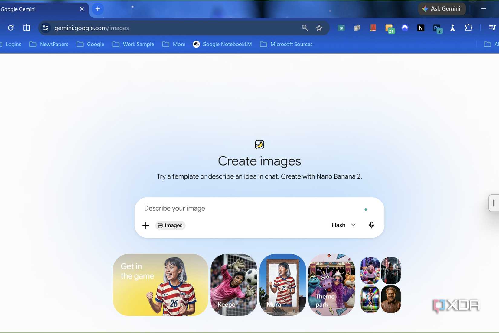 Gemini starting page to create images