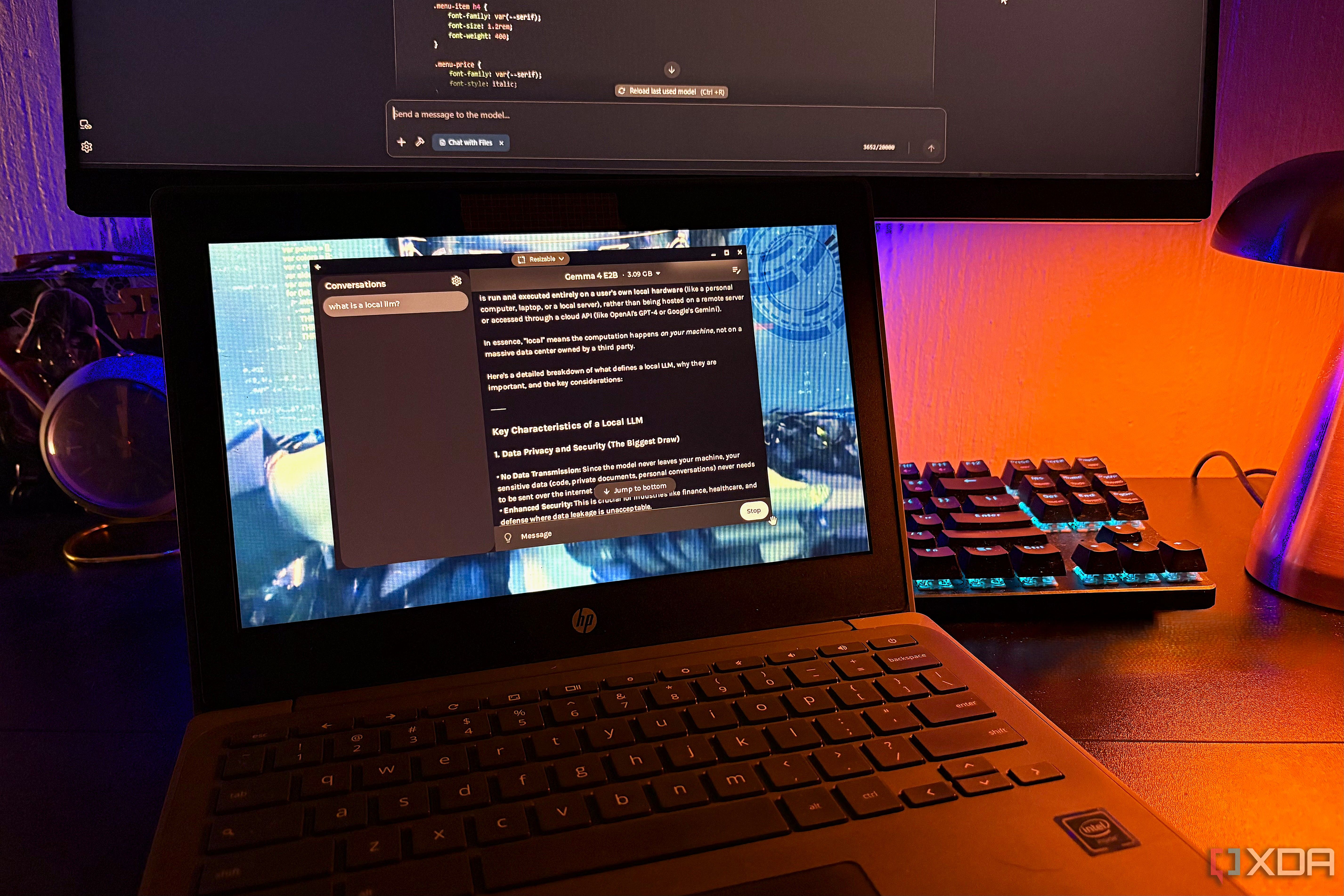 gemma 4 e2b on chromebook desktop pc and lamp in background