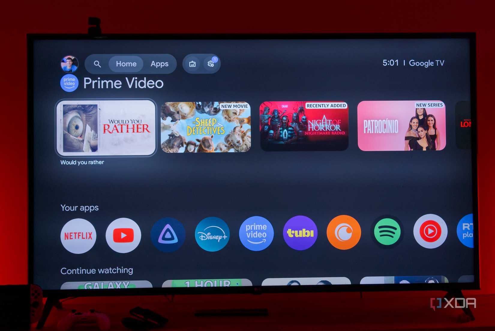 A TV displaying the default Google TV launcher
