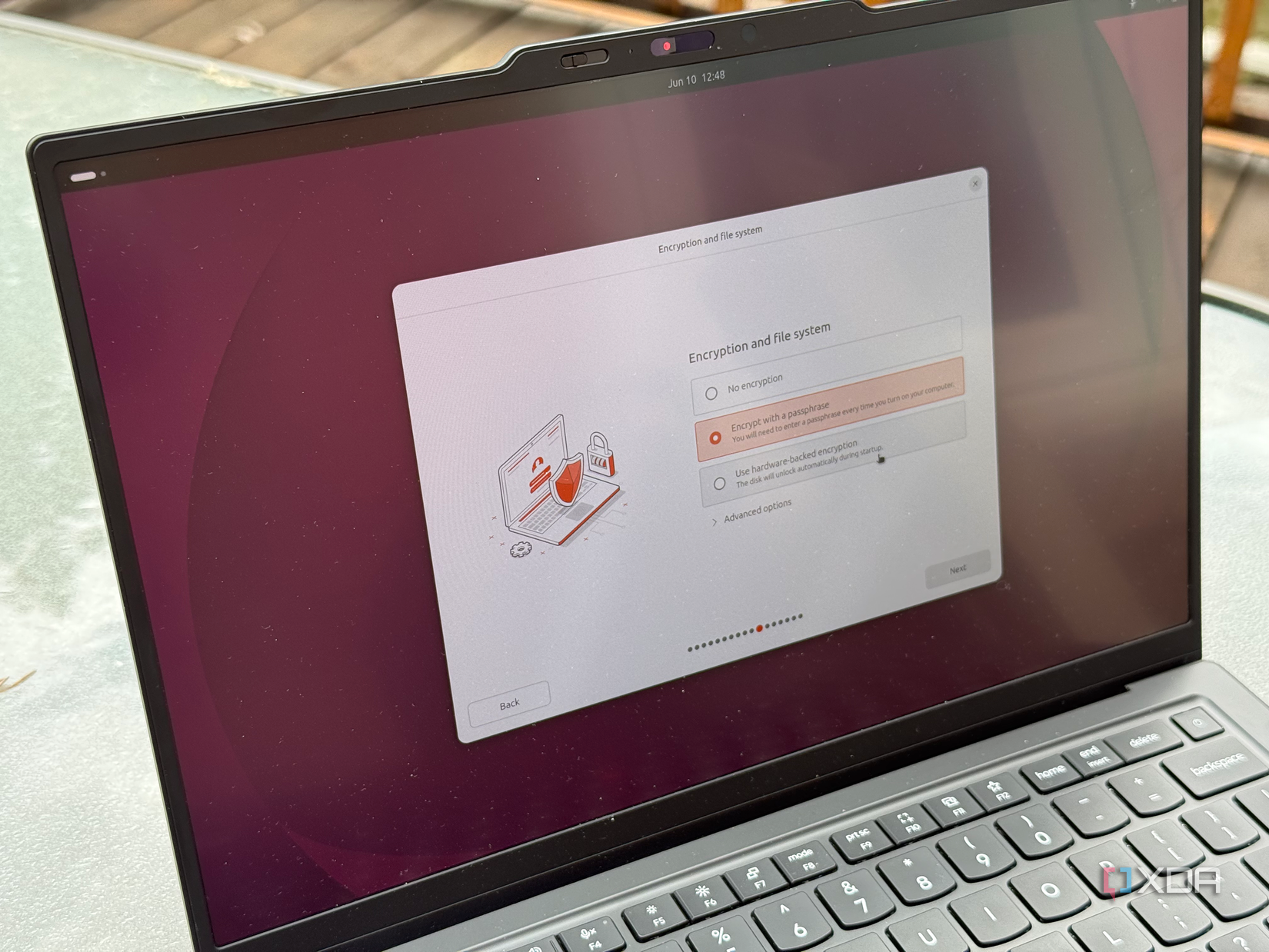 A photo of the encryption phase of an Ubuntu linux installation