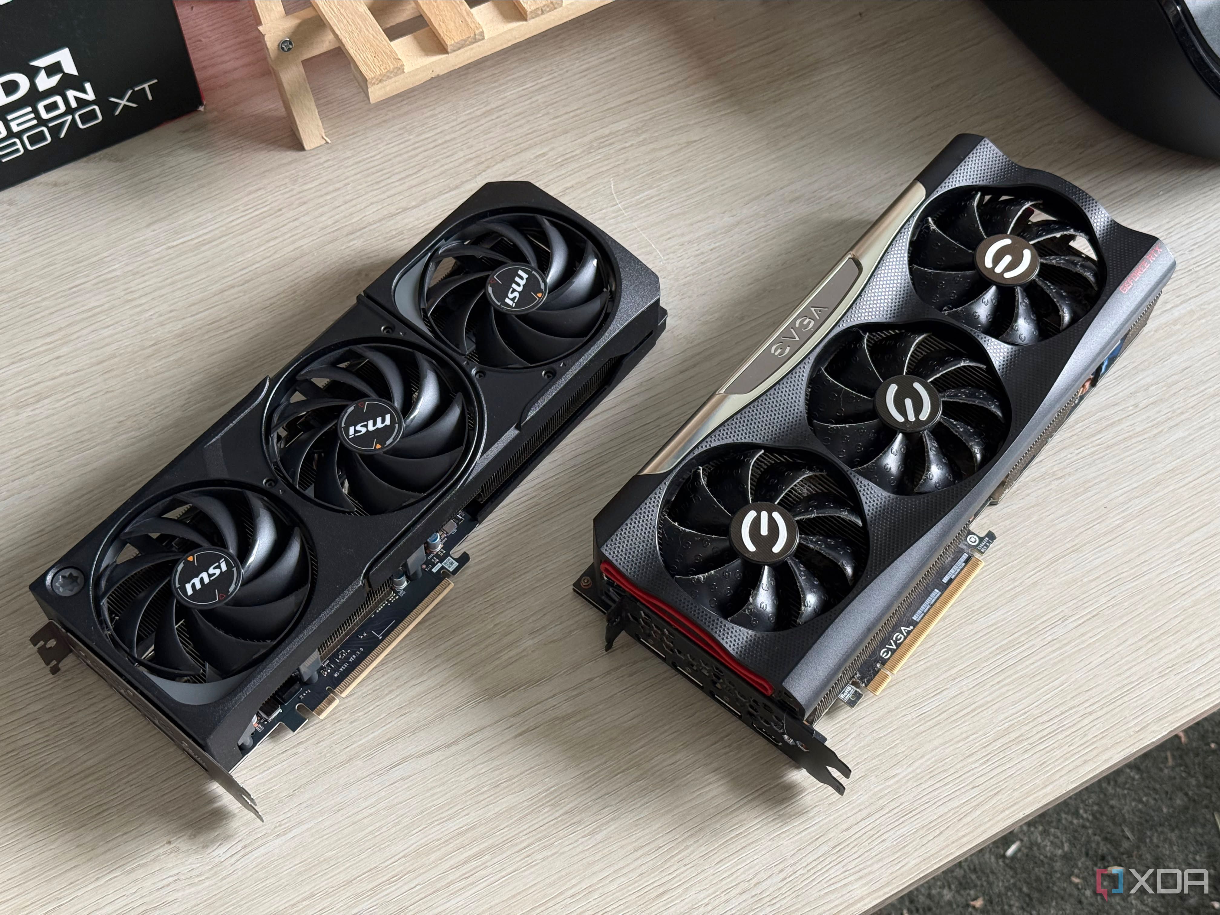 Two GPUs sitting on a table