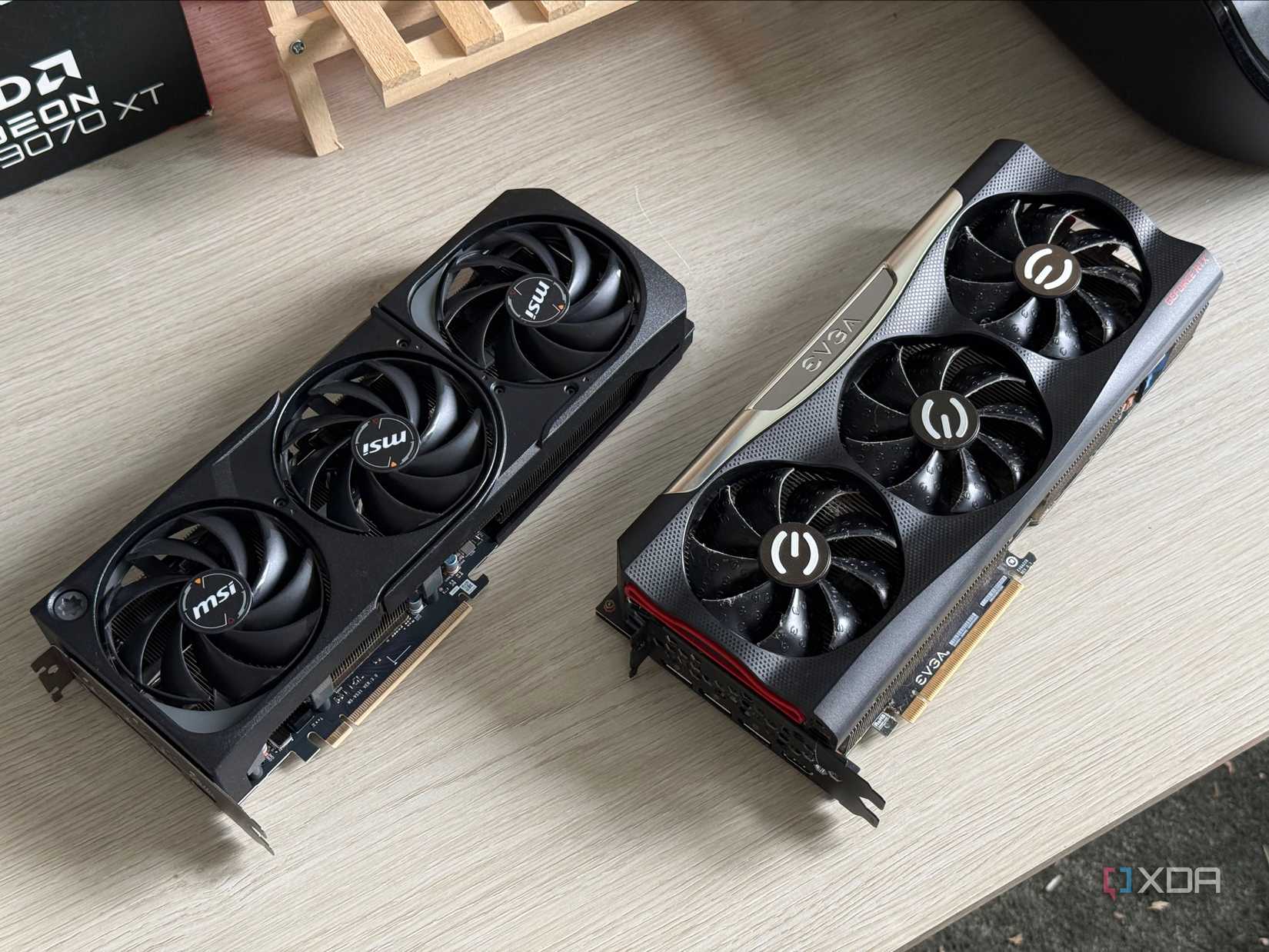 Two GPUs sitting on the table