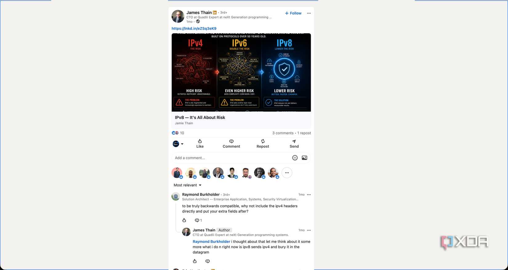 James Thain sharing LinkedIn post of IPv8 proposal