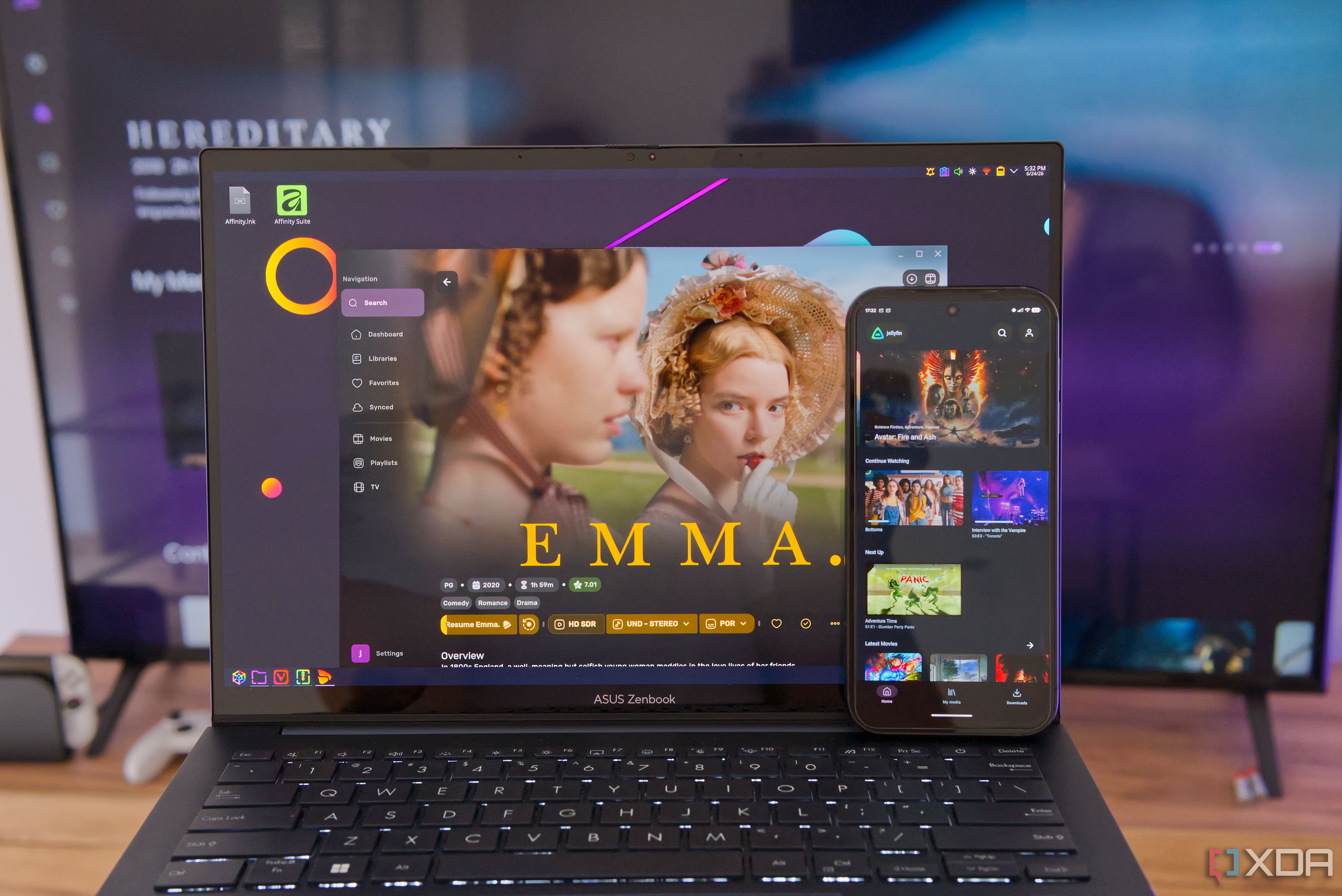 A phone displaying the homepage on Findroid, in front of a laptop displaying the homepage on Fladder, with a TV in the background displaying the homepage in Litefin