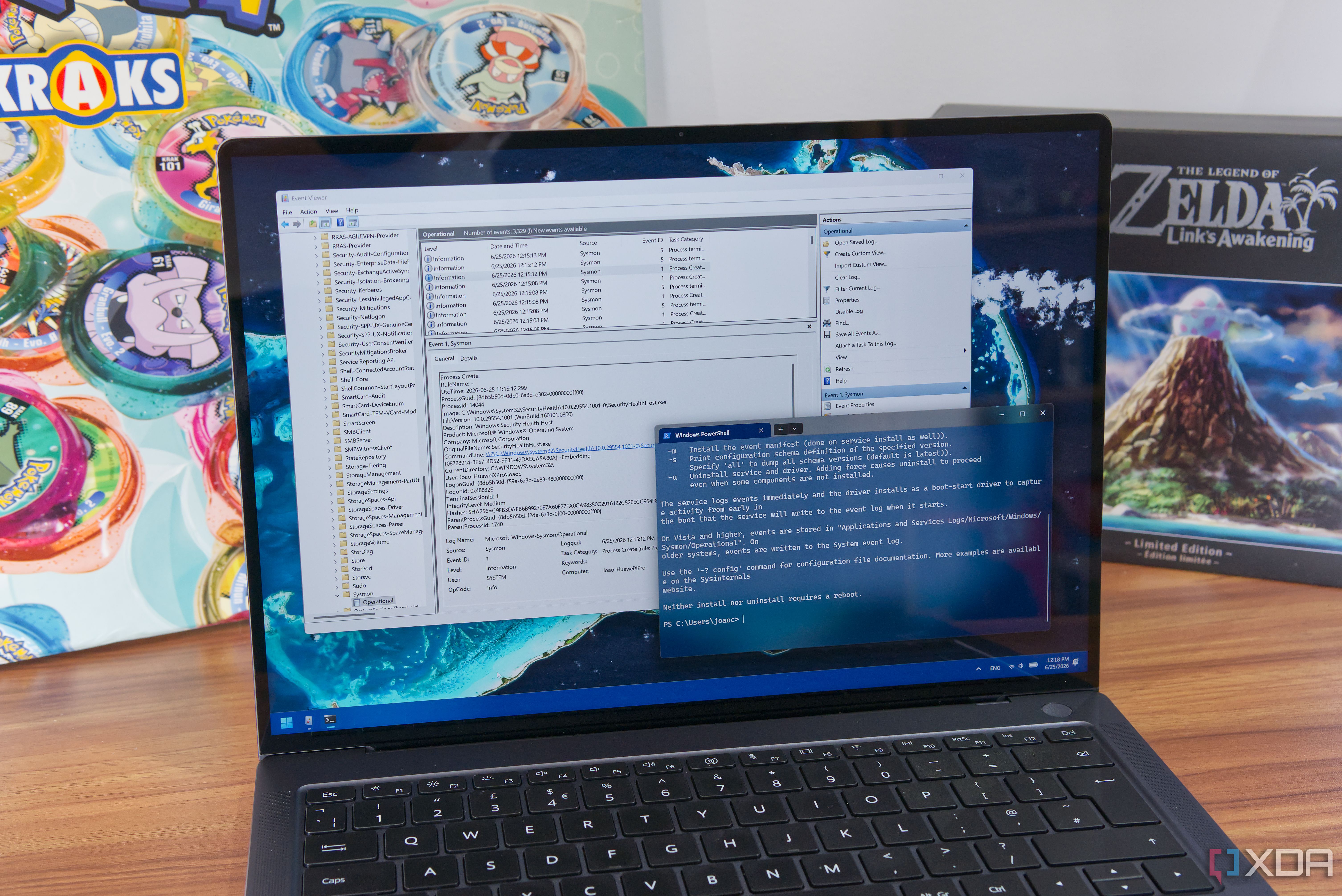 A laptop showing event logs created by Sysmon, alongside a Terminal window showing information about setting up sysmon